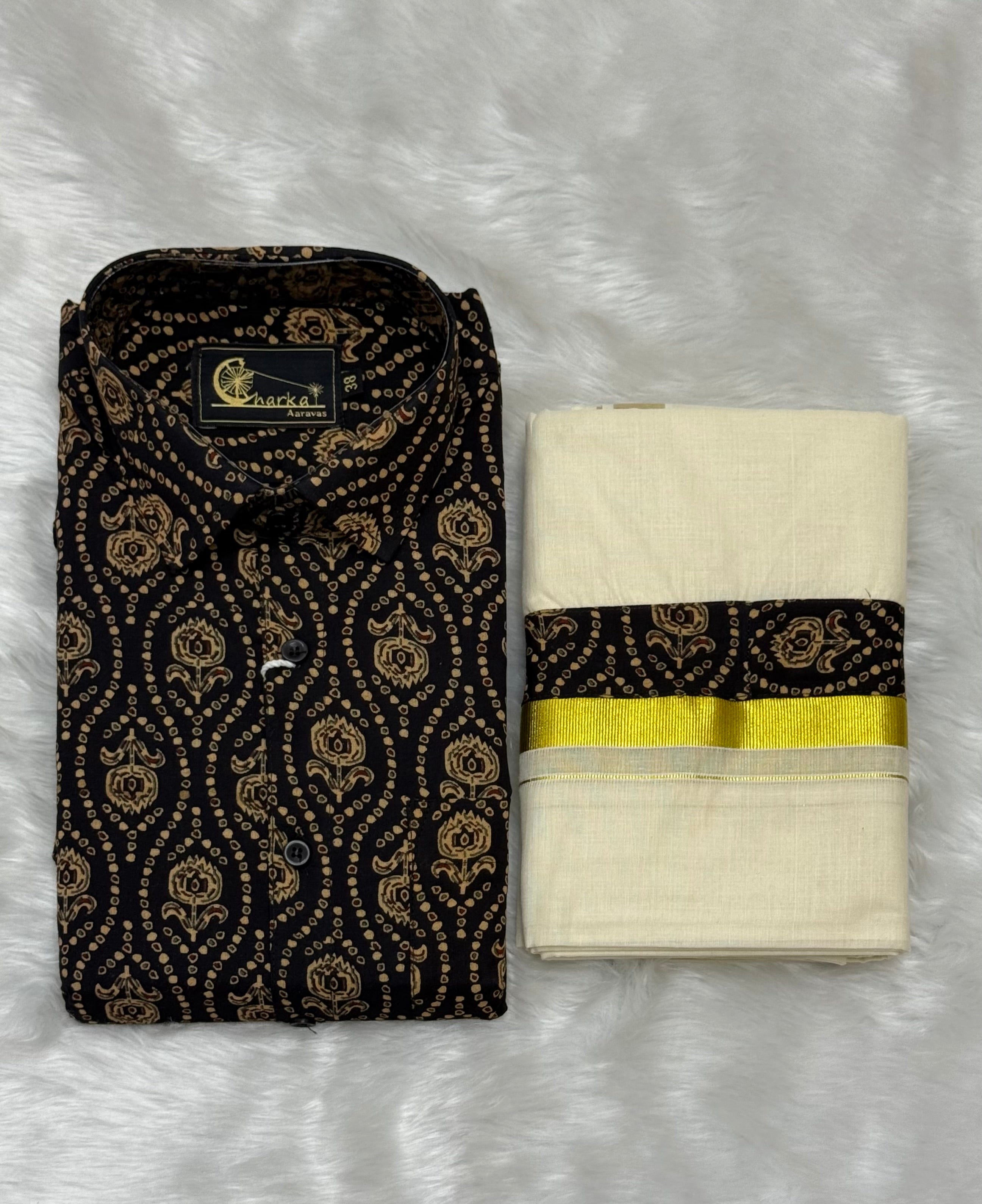 AJRAKH PRINTED HALF SLEEVE SHIRT & MUNDU COMBO