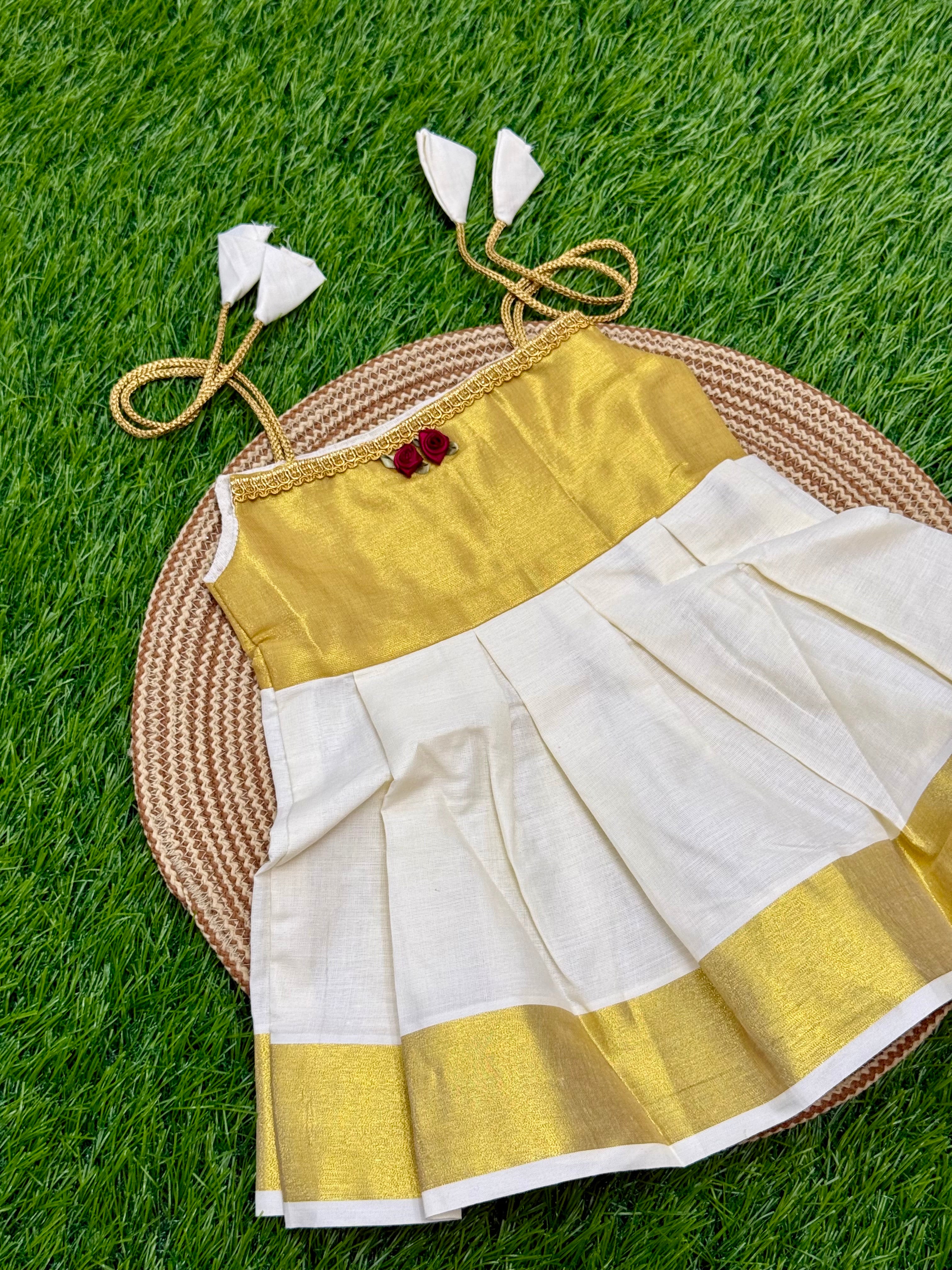 GIRL BABY KASAVU COTTON FROCK - GOLD & CREAM