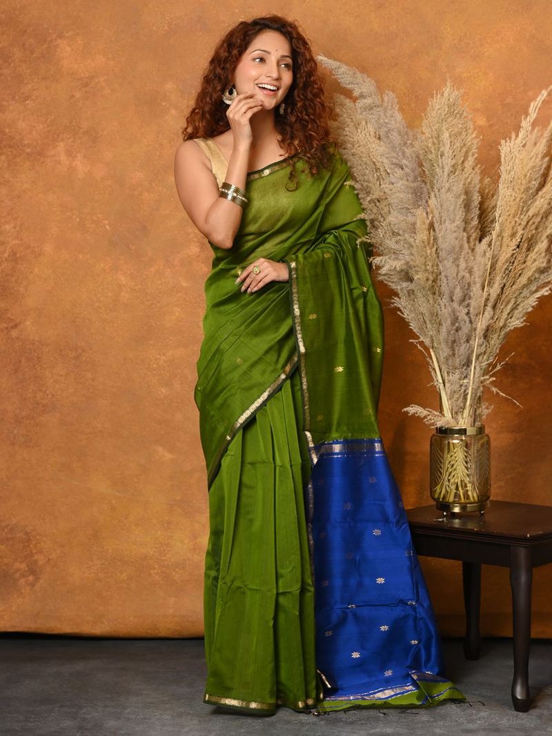 MAHESHWARI COTTON SILK SAREE - OLIVE GREEN