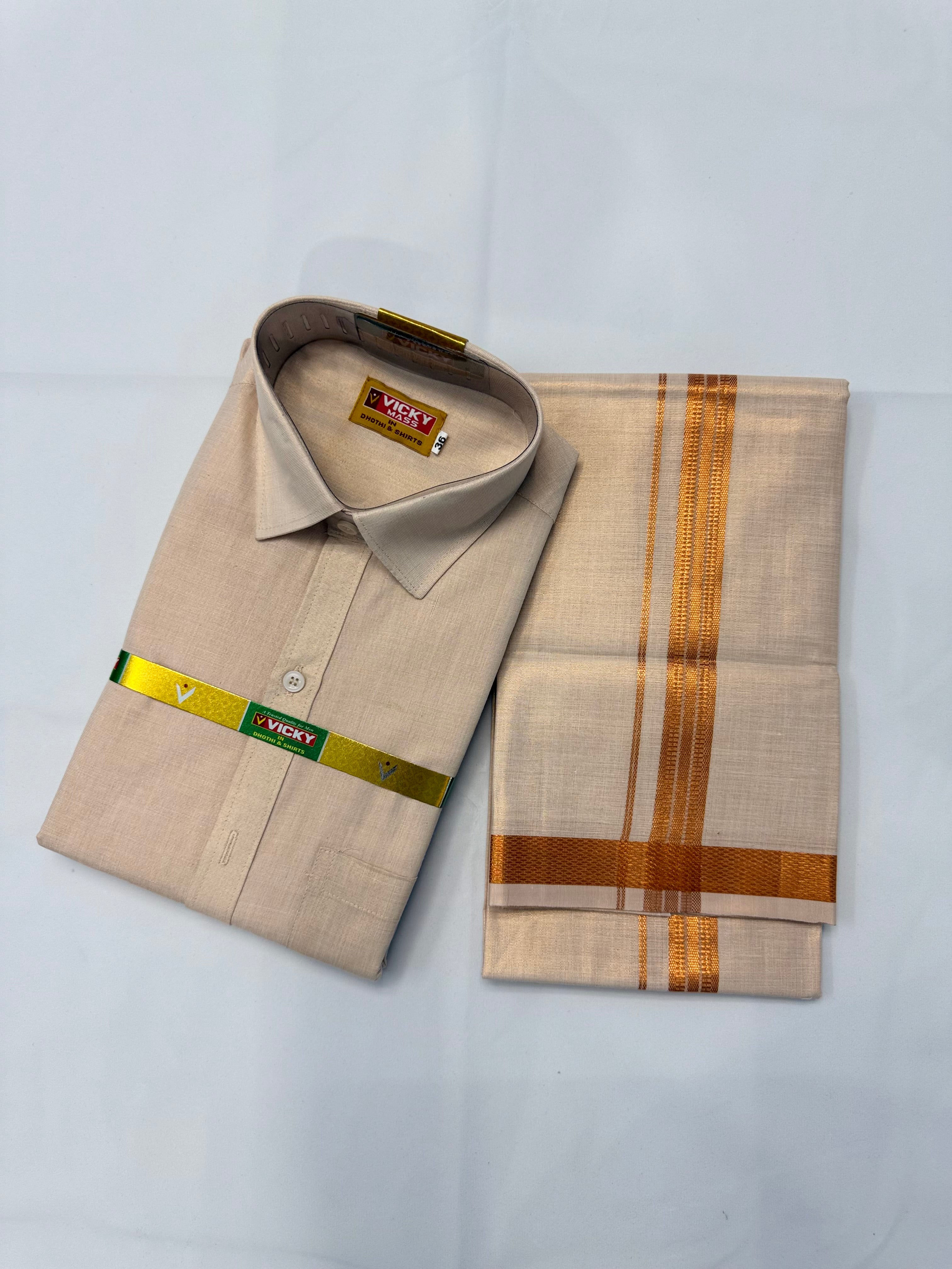MEN'S PREMIUM TISSUE COPPER SINGLE DHOTI & SHIRT SET - CREAM