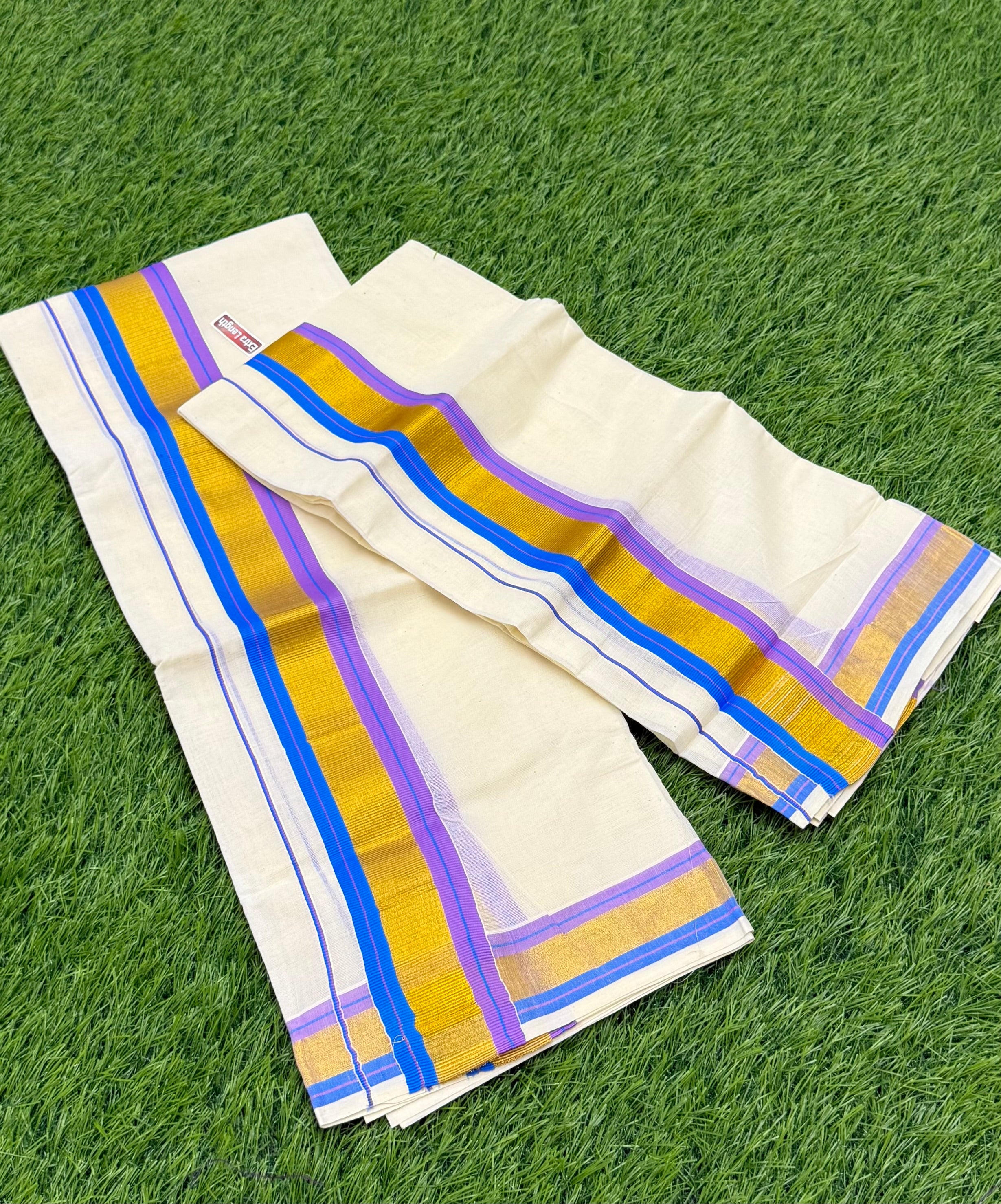 KASAVU COTTON STRIPE PATTERN SINGLE SET MUNDU (MUNDUM NERIYATHUM) - 2 X 2.80 MTRS - (OFF WHITE)
