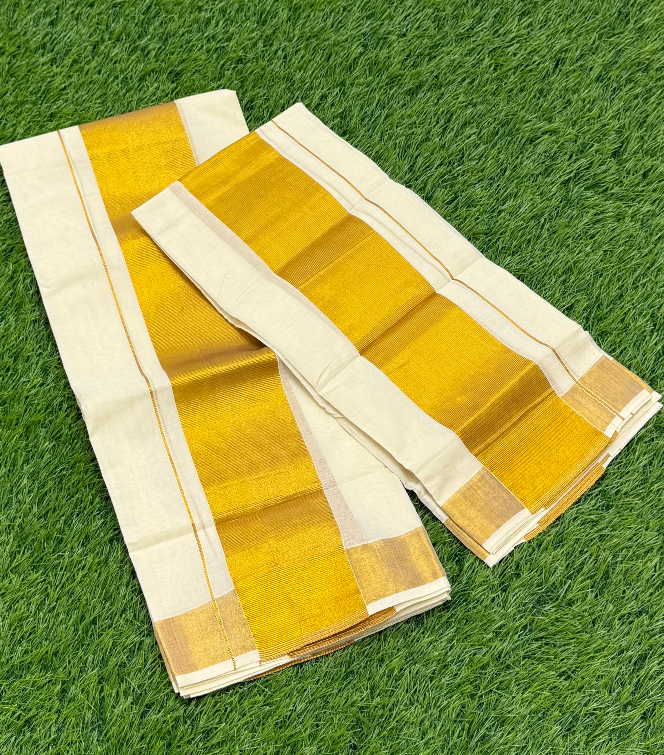 KASAVU COTTON GOLD BORDER DOUBLE SET MUNDU (MUNDUM NERIYATHUM) - 4 X 2.80 MTRS - (OFF WHITE,GOLD)