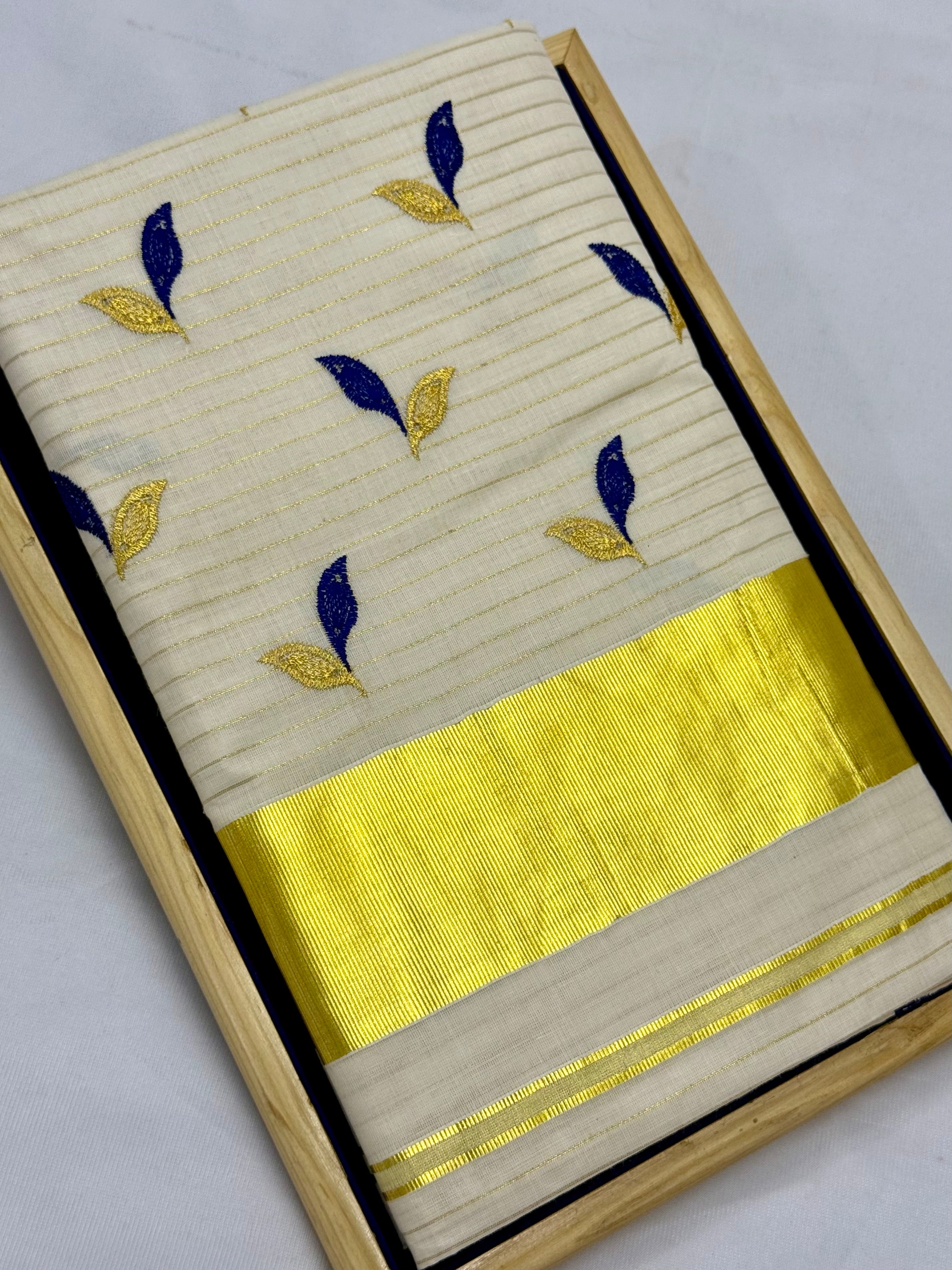 KERALA KASAVU COTTON EMBROIDERY SAREE - (OFF WHITE,GOLD)