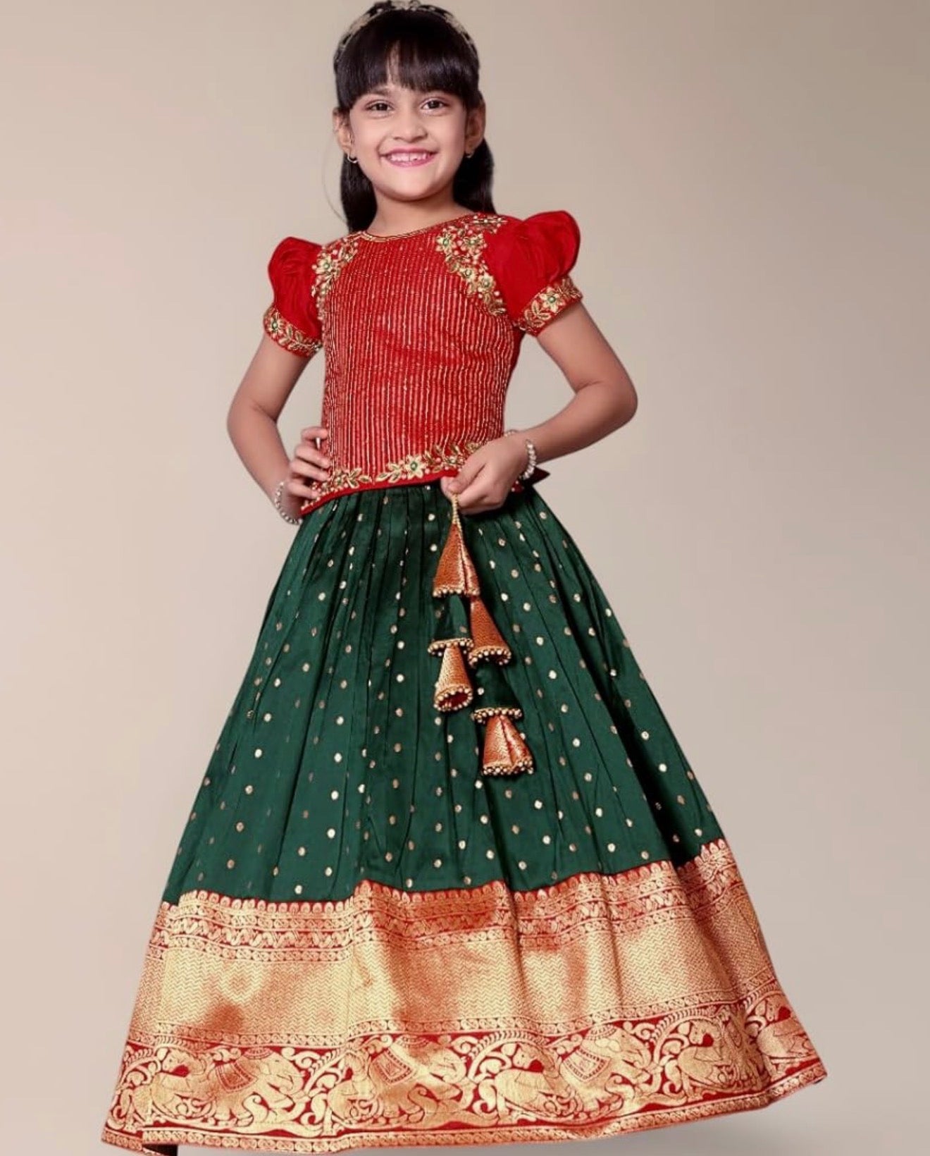 GIRLS SILK BLEND READYMADE PATTU PAVADAI/LEHENGA CHOLI - RED & GREEN