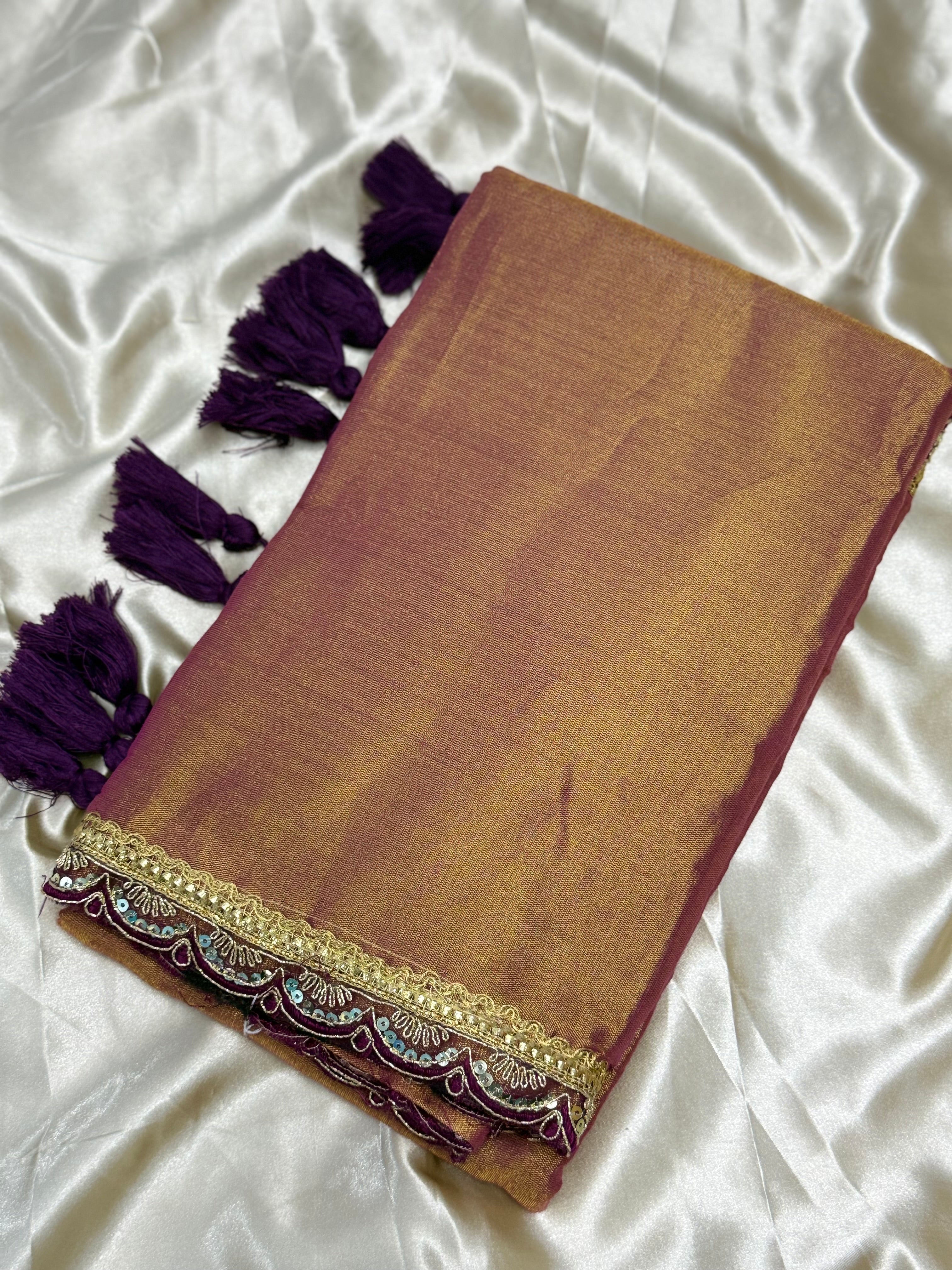 SOFT FANCY SAREE WITH LACE BORDER - GOLDEN PLUM