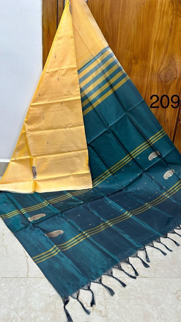 HANDLOOM BANANA PITH SILK SAREE - DARK GREEN & YELLOW