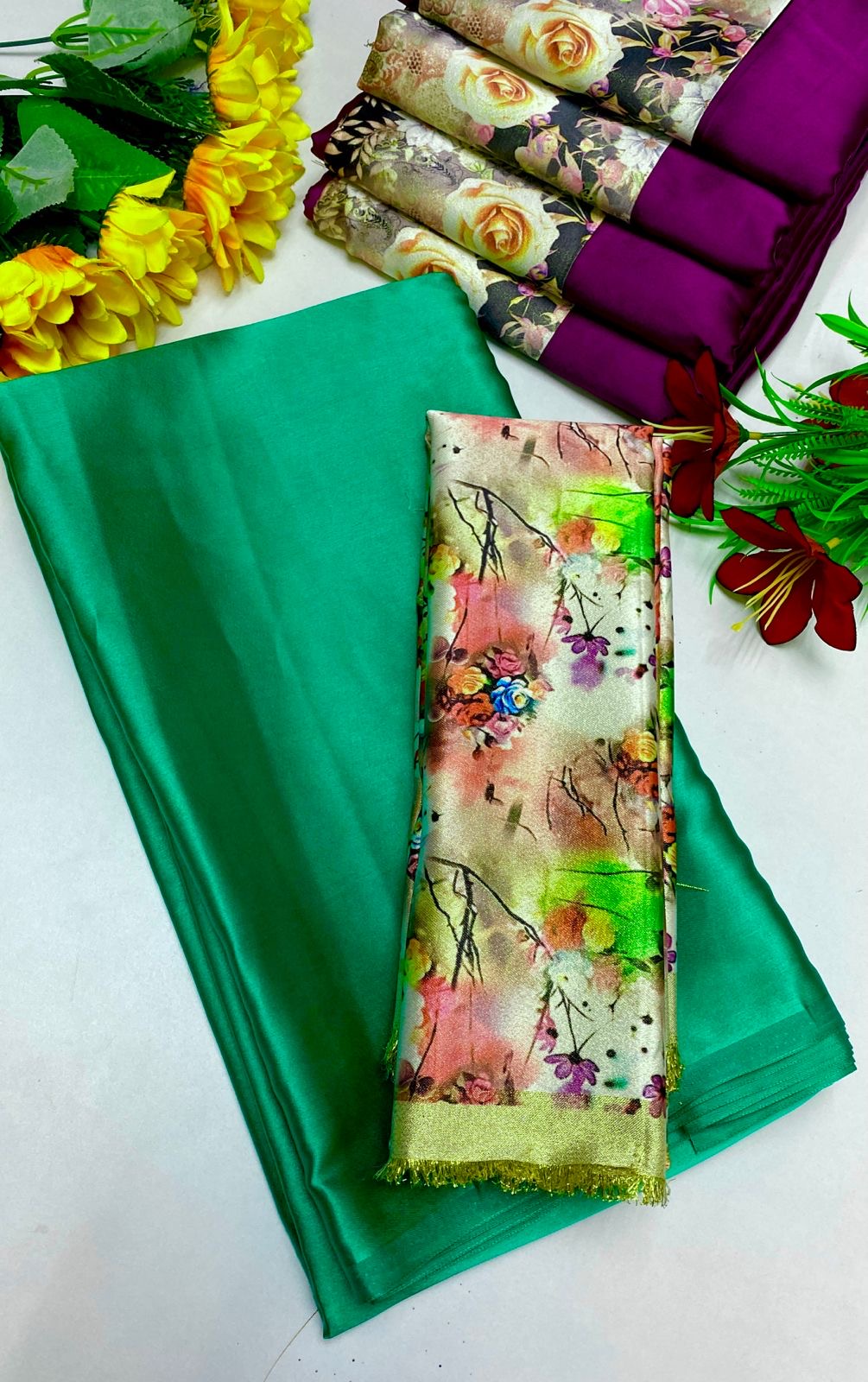 PLAIN SATIN SILK SAREE WITH DIGITAL PRINTED BLOUSE -  GREEN