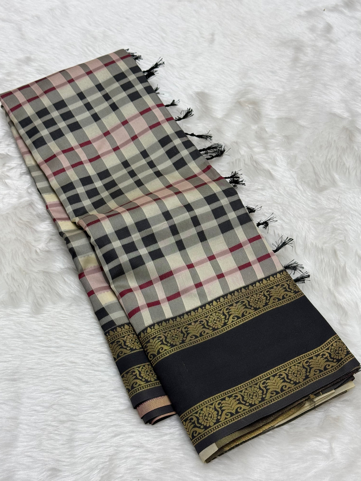 SEMI SILK BURBERRY CHECKS SAREE WITH BLOUSE - MULTI COLOUR