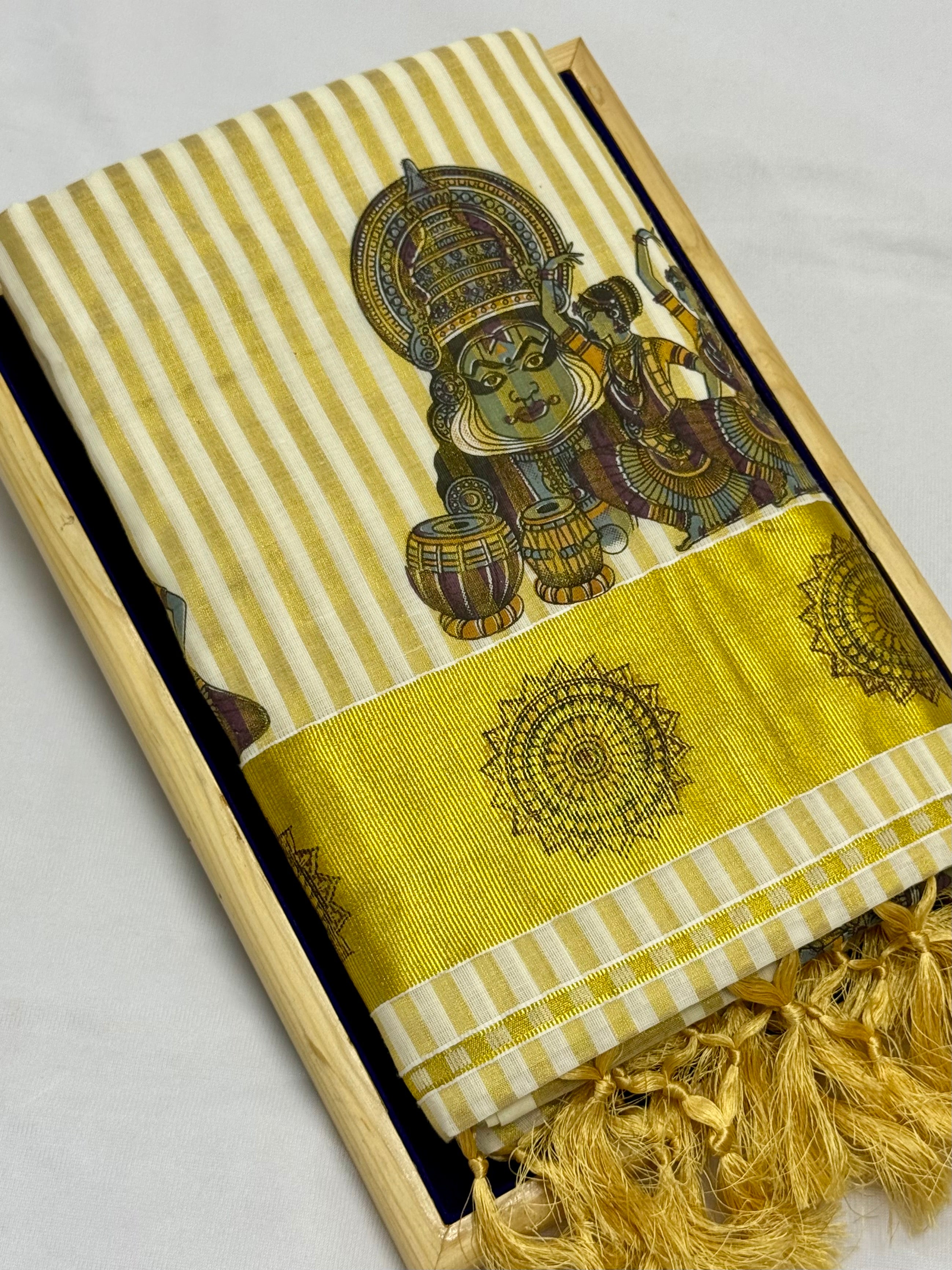TRADITIONAL KATHAKALI PRINTED KASAVU TISSUE(CREAM,GOLD)