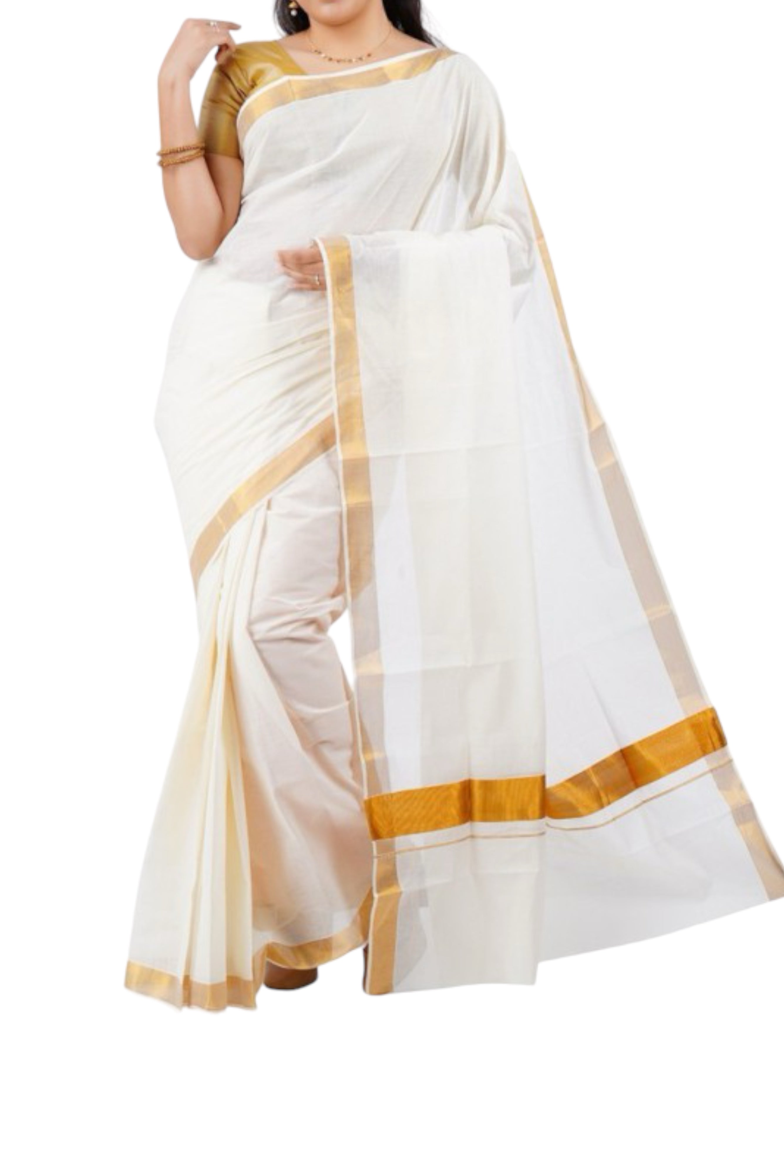 KASAVU COTTON OFF WHITE SAREE - GOLD BORDER