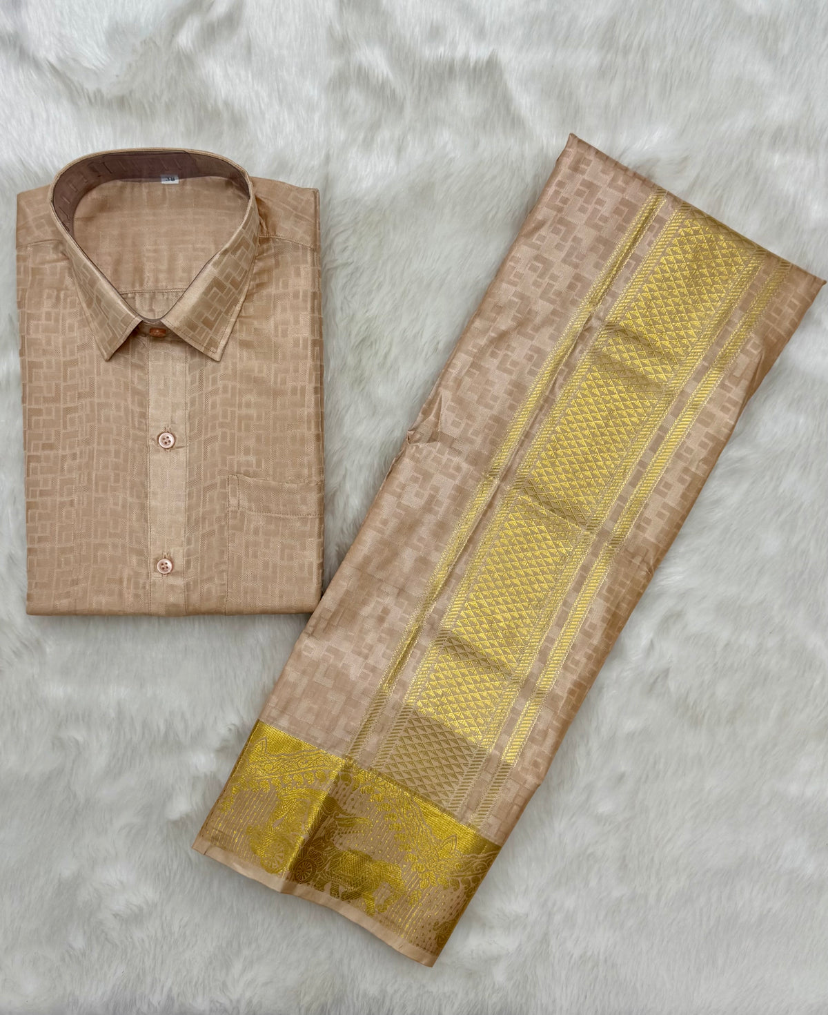 COPPER COLOURED SEMI SILK WEDDING SHIRT, DHOTI, FEATURING A GOLD ZARI BORDER - VELCRO