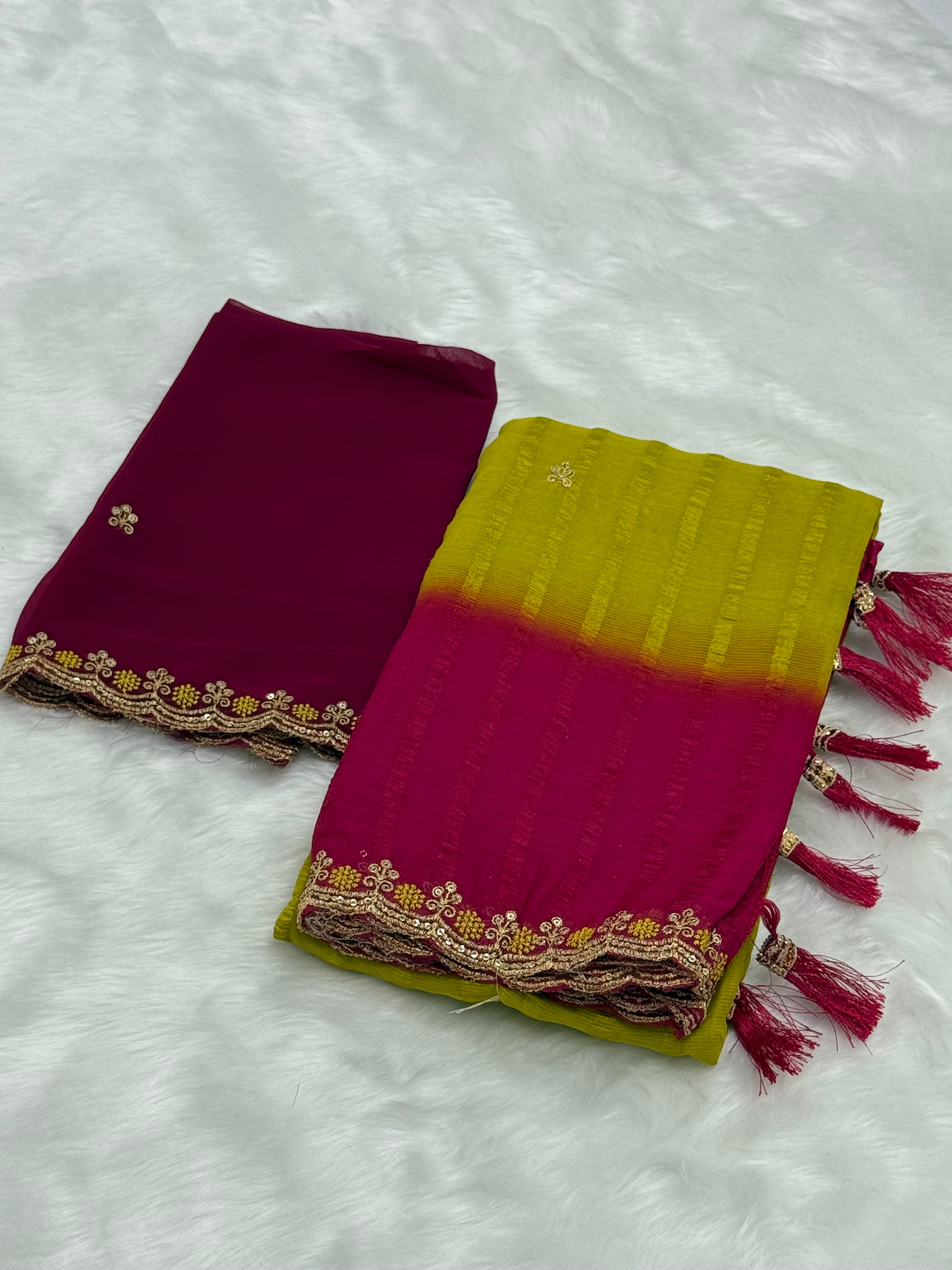 DESIGNER CHIFFON SAREE WITH BLOUSE PIECE - GREEN & PINK