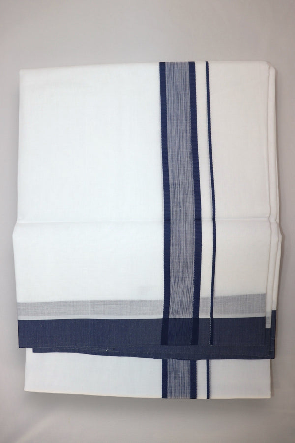 MEN'S DOUBLE DHOTI WHITE WITH FANCY BORDER - NAVY BLUE