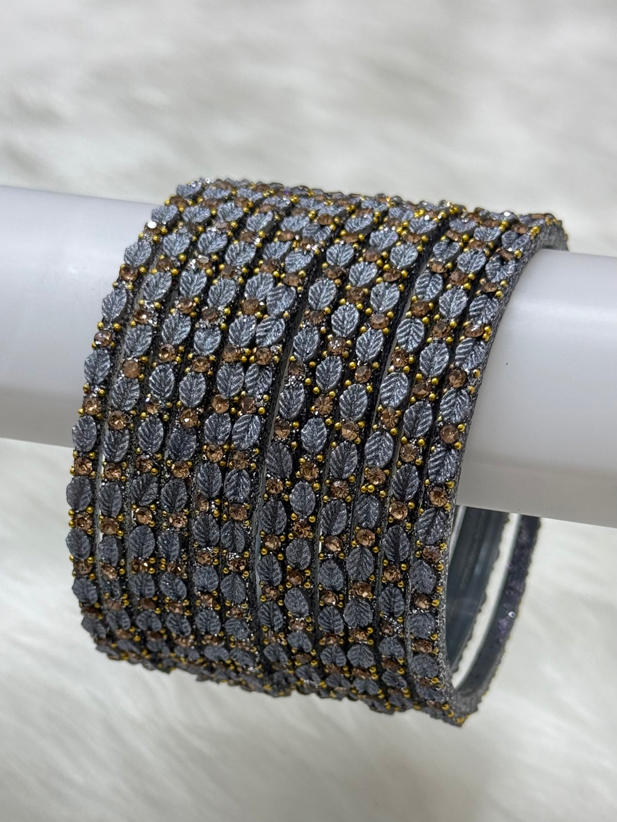 PREMIUM LEAF DESIGN STONE STUDDED GLASS BANGLES PACK OF 12