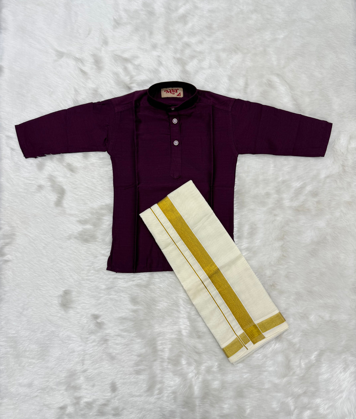 KIDS BOYS VELCRO DHOTI & KURTA COMBO SET - DARK PLUM