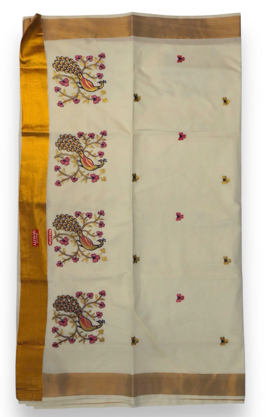 KERALA FANCY PEACOCK EMBROIDERY SAREE (GOLD,BEIGE)