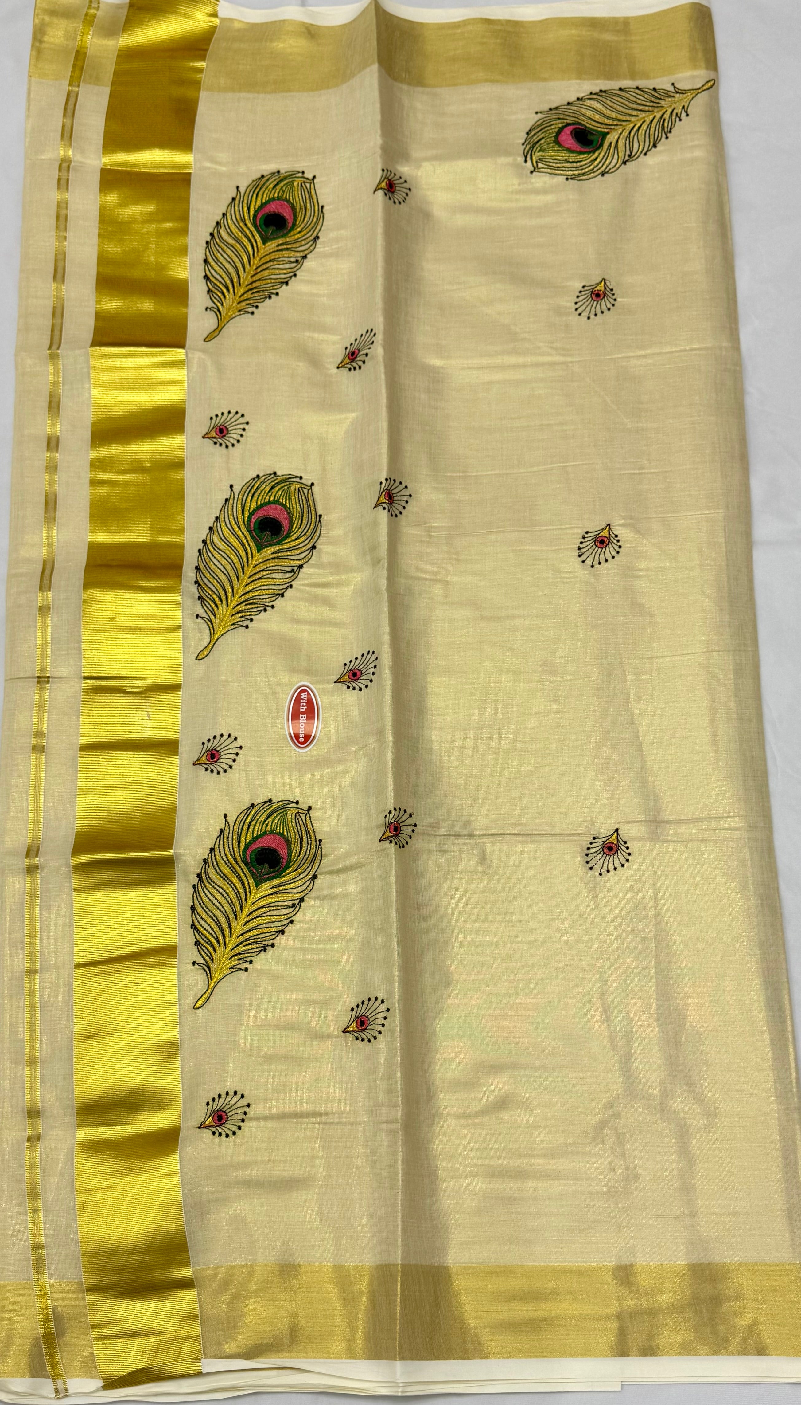 KERALA KASAVU TISSUE SILK EMBROIDERY  SAREE - (GOLD,CREAM)