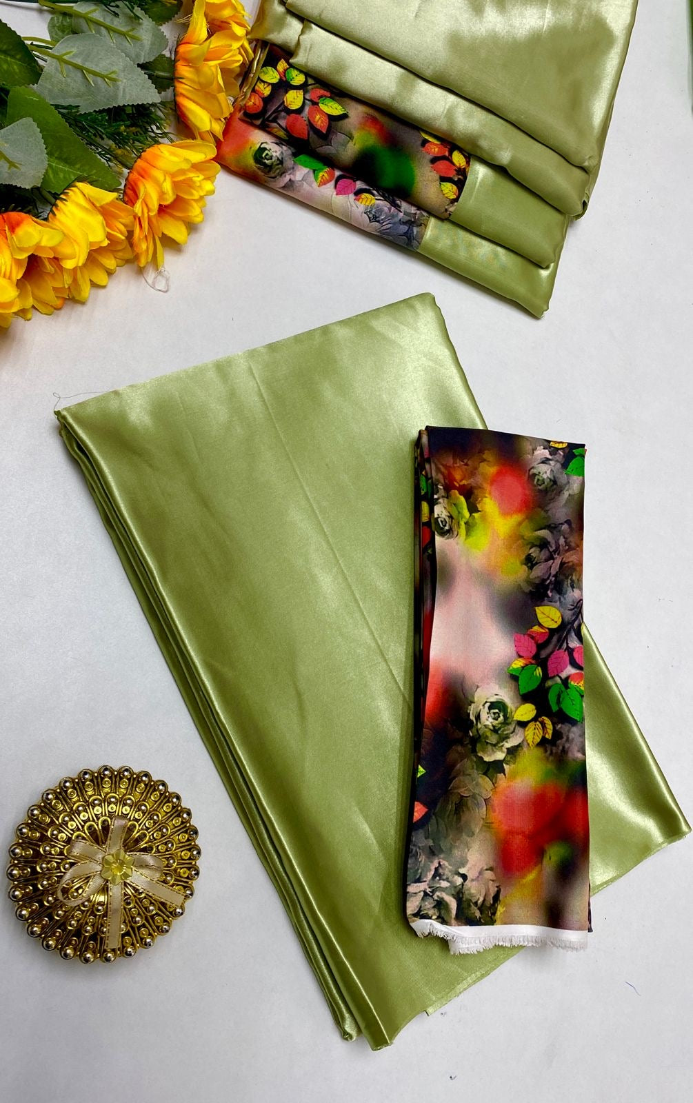 PLAIN SATIN SILK SAREE WITH DIGITAL PRINTED BLOUSE -  TEA GREEN