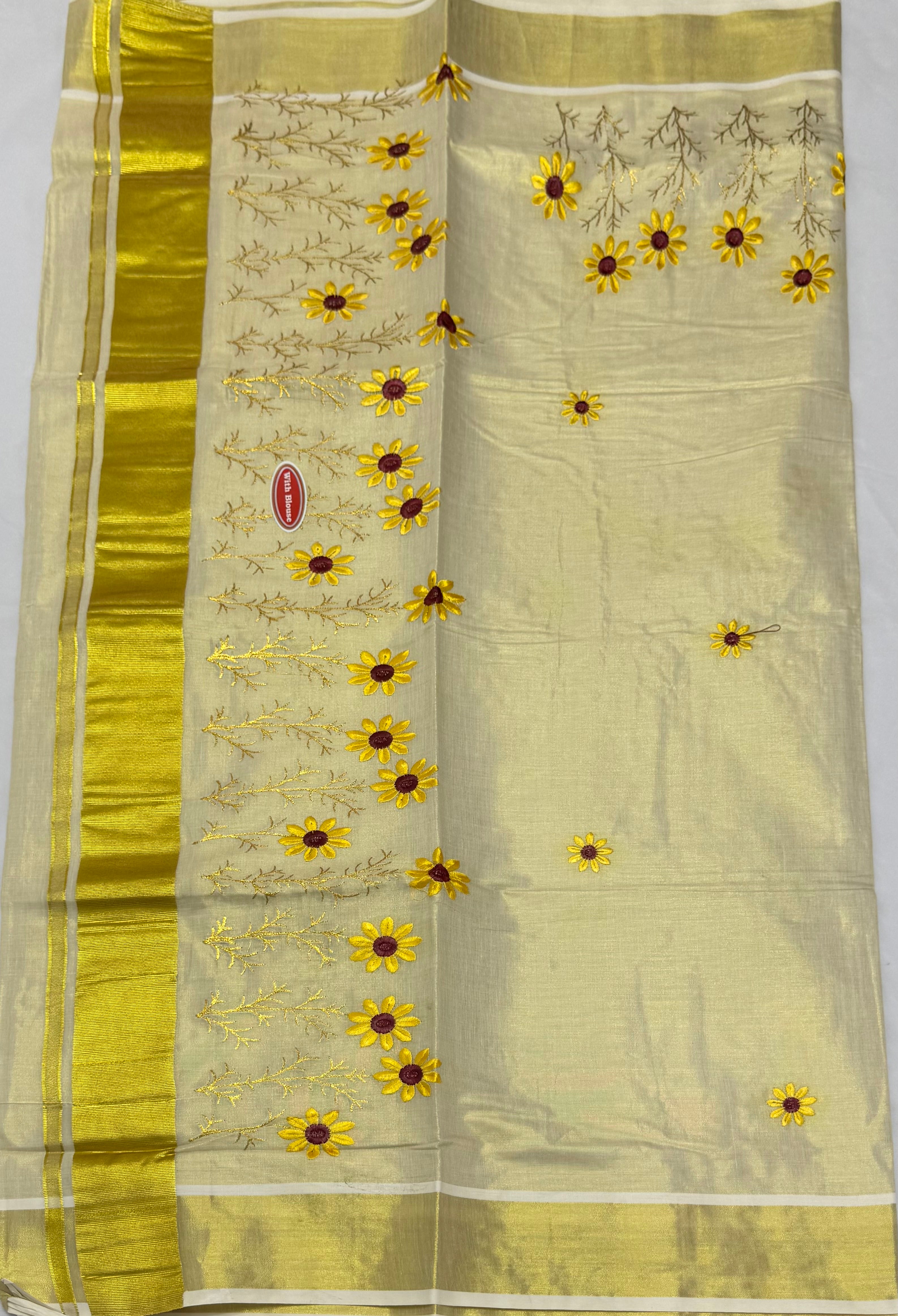 KERALA KASAVU TISSUE SILK EMBROIDERY  SAREE - (GOLD,CREAM)