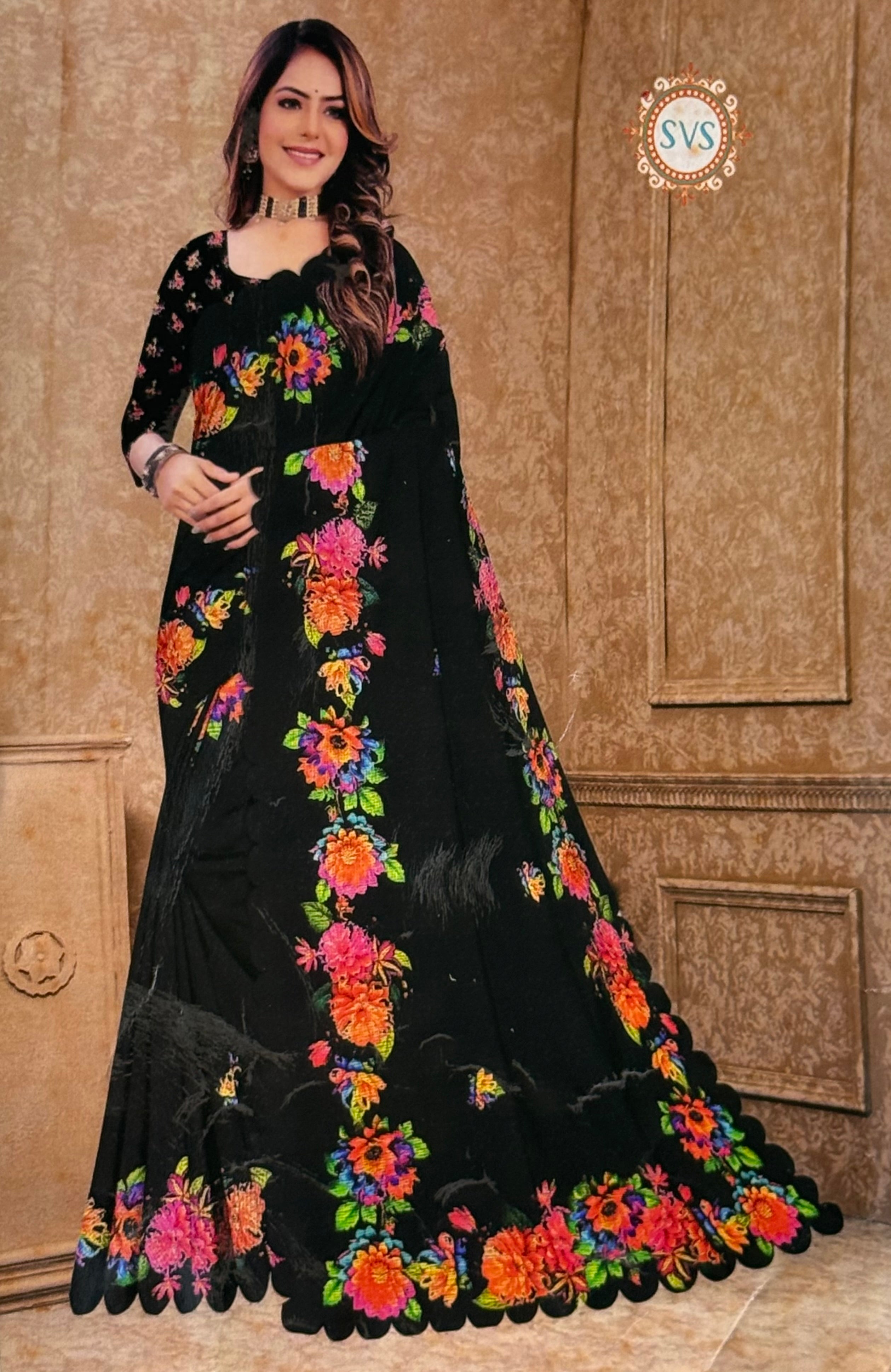 FANCY CHANDERI COTTON SILK SAREE - BLACK
