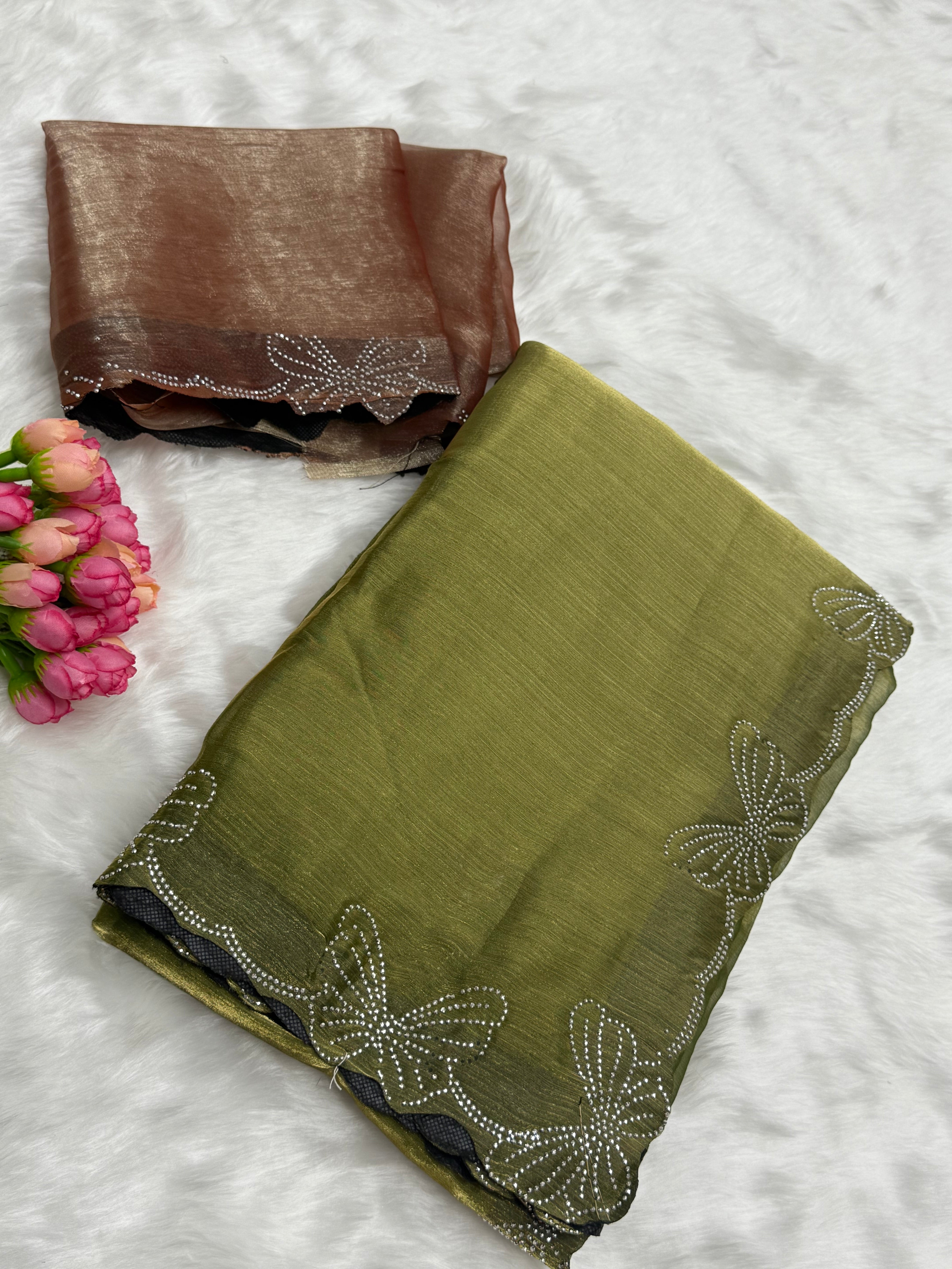 SPACE SILK BUTTERFLY DIAMOND WORK DESIGNER SAREE - TEA GREEN