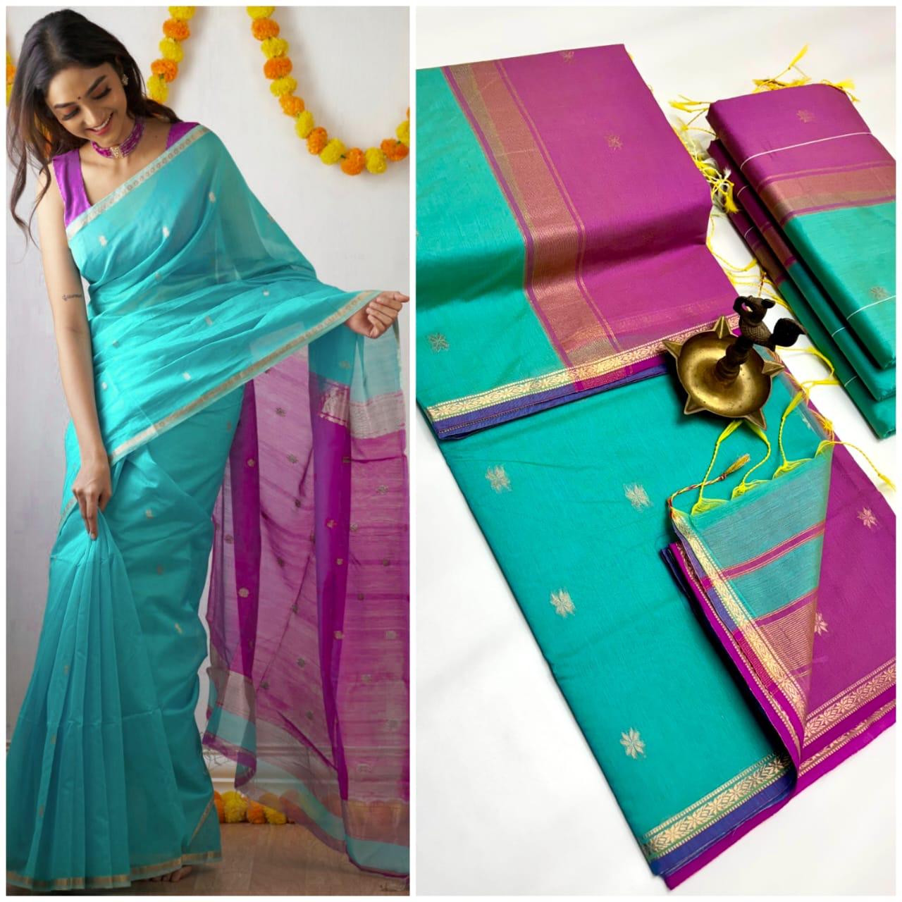 MAHESHWARI COTTON SILK SAREE  - FOAM GREEN