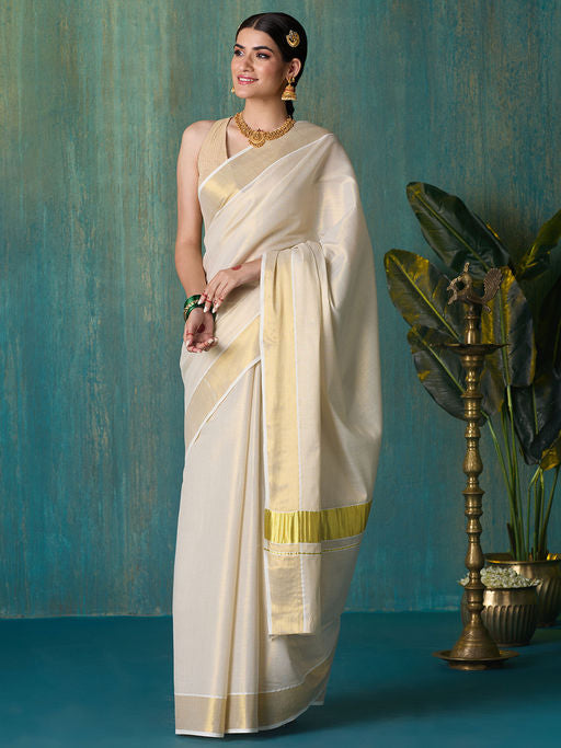 KASAVU PLAIN TISSUE SAREE - GOLD