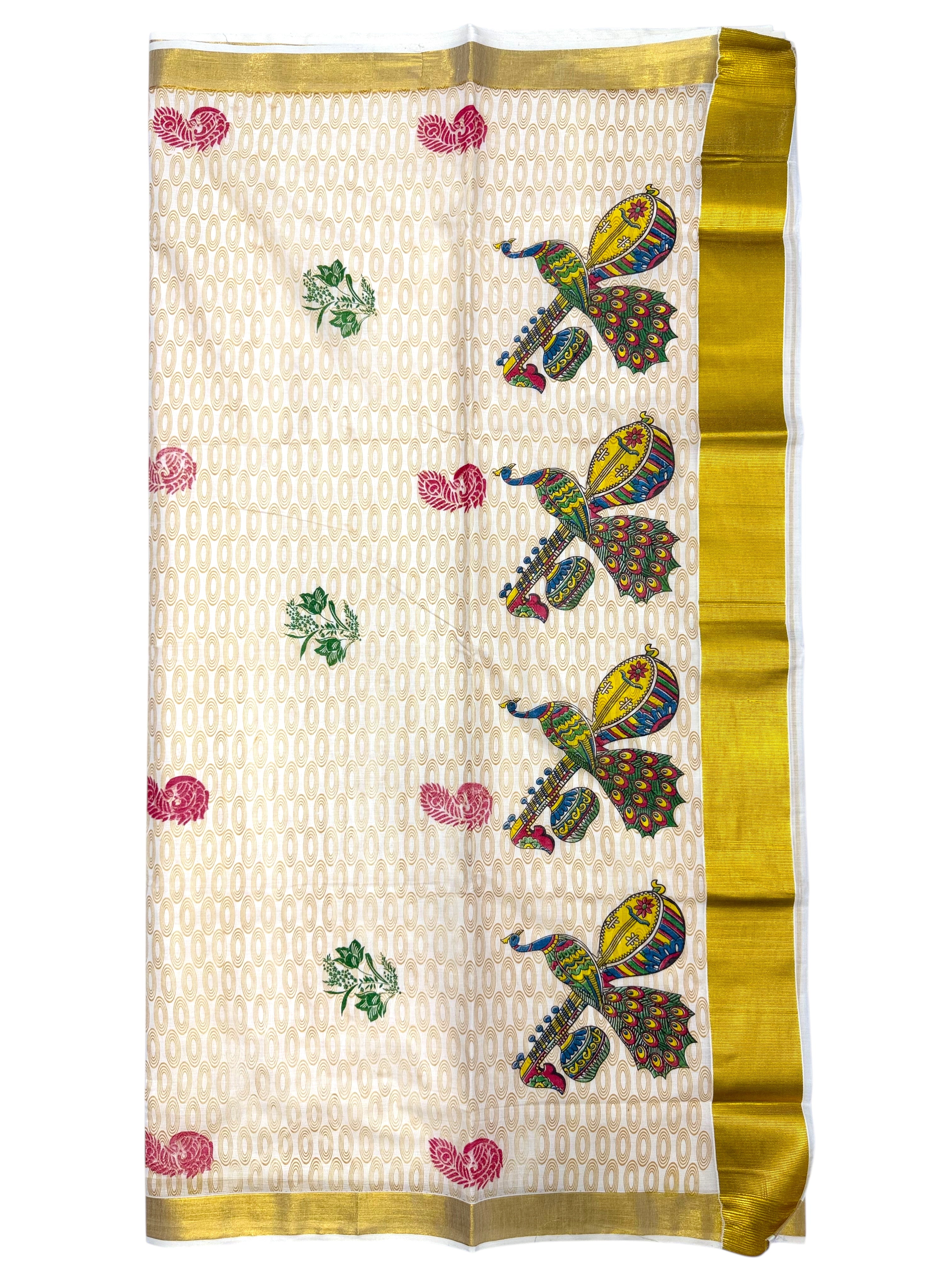 PEACOCK AND VEENA PRINTED KASAVU COTTON SAREE (GOLD)