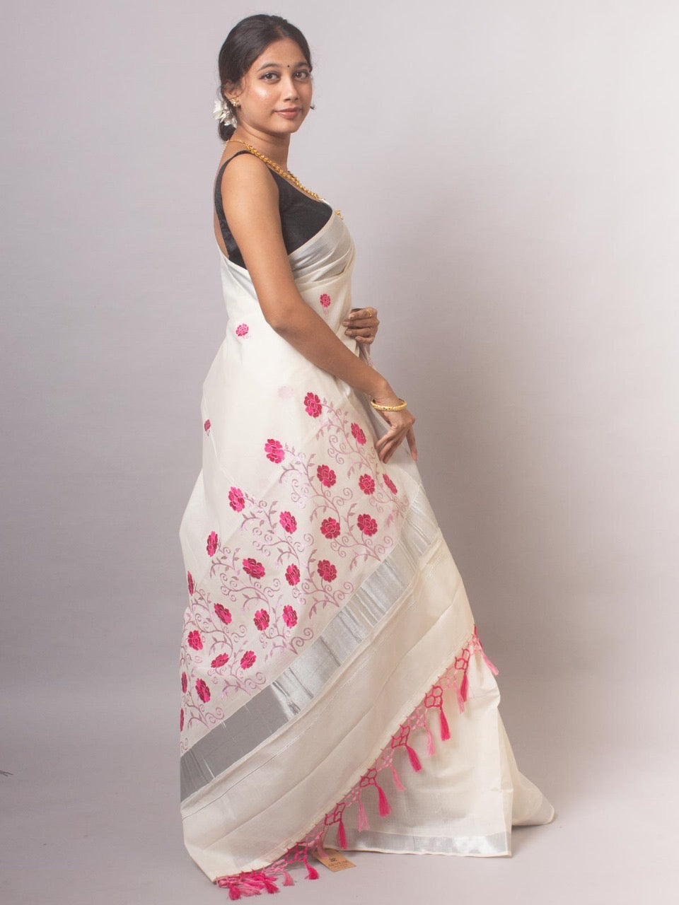 KERALA KASAVU EMBROIDERY COTTON SAREE (COPPER,PINK)