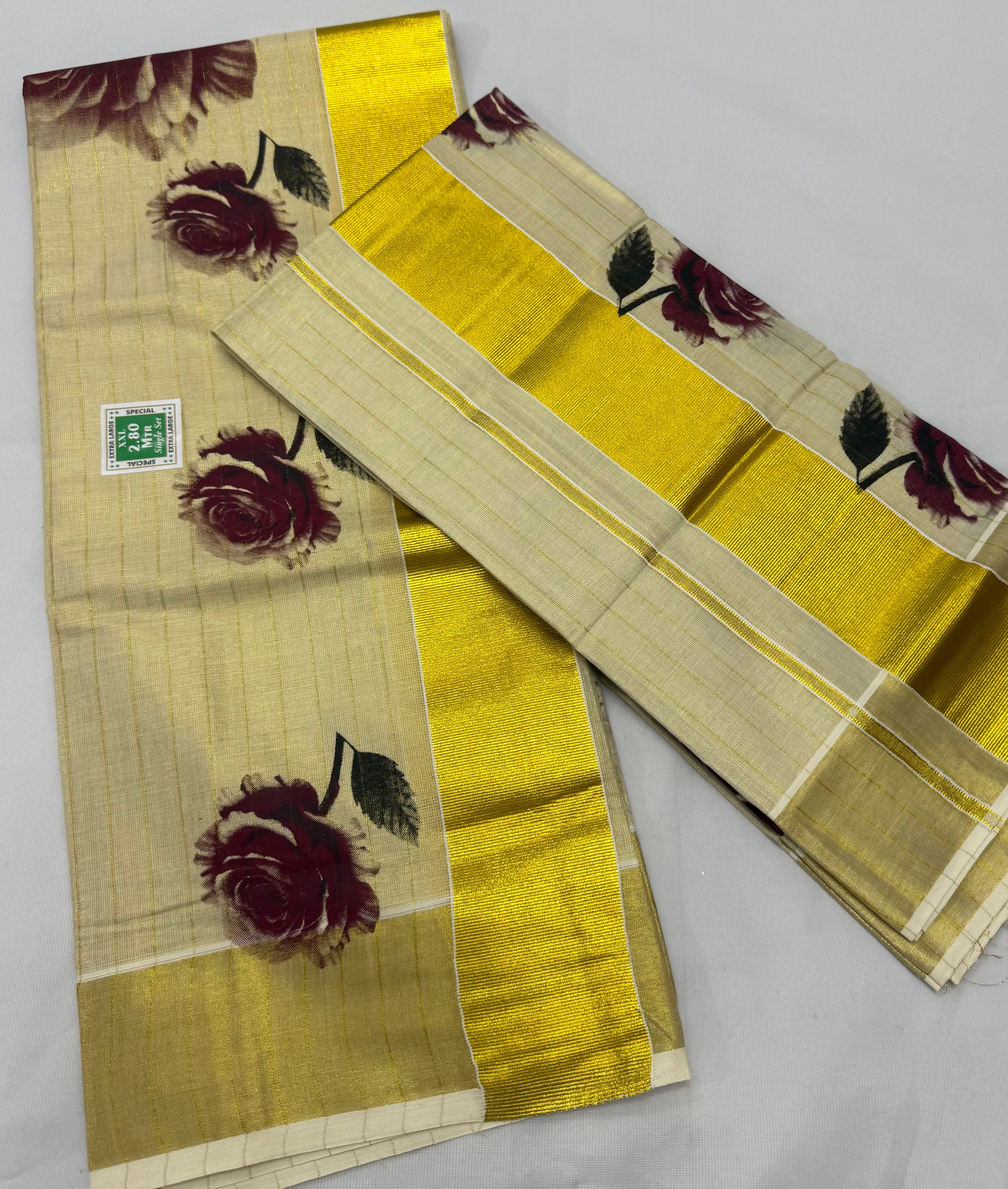 FLORAL TISSUE SINGLE SET MUNDU (MUNDUM NERIYATHUM) - 2 X 2.80 MTRS - (CREAM,GOLD)