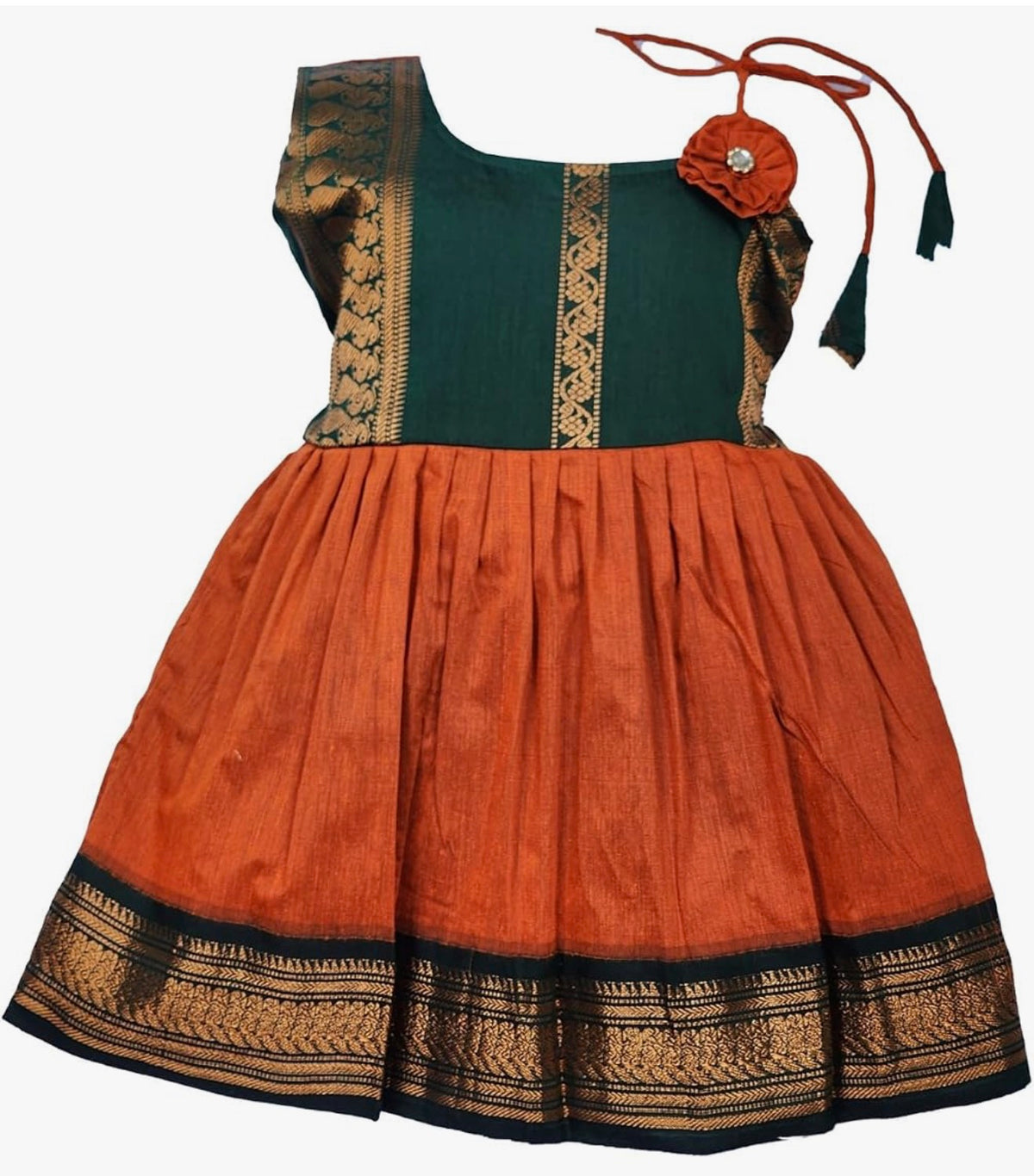 BABY GIRL KALYANI COTTON FLOWER KNOT FROCK - KESHARI