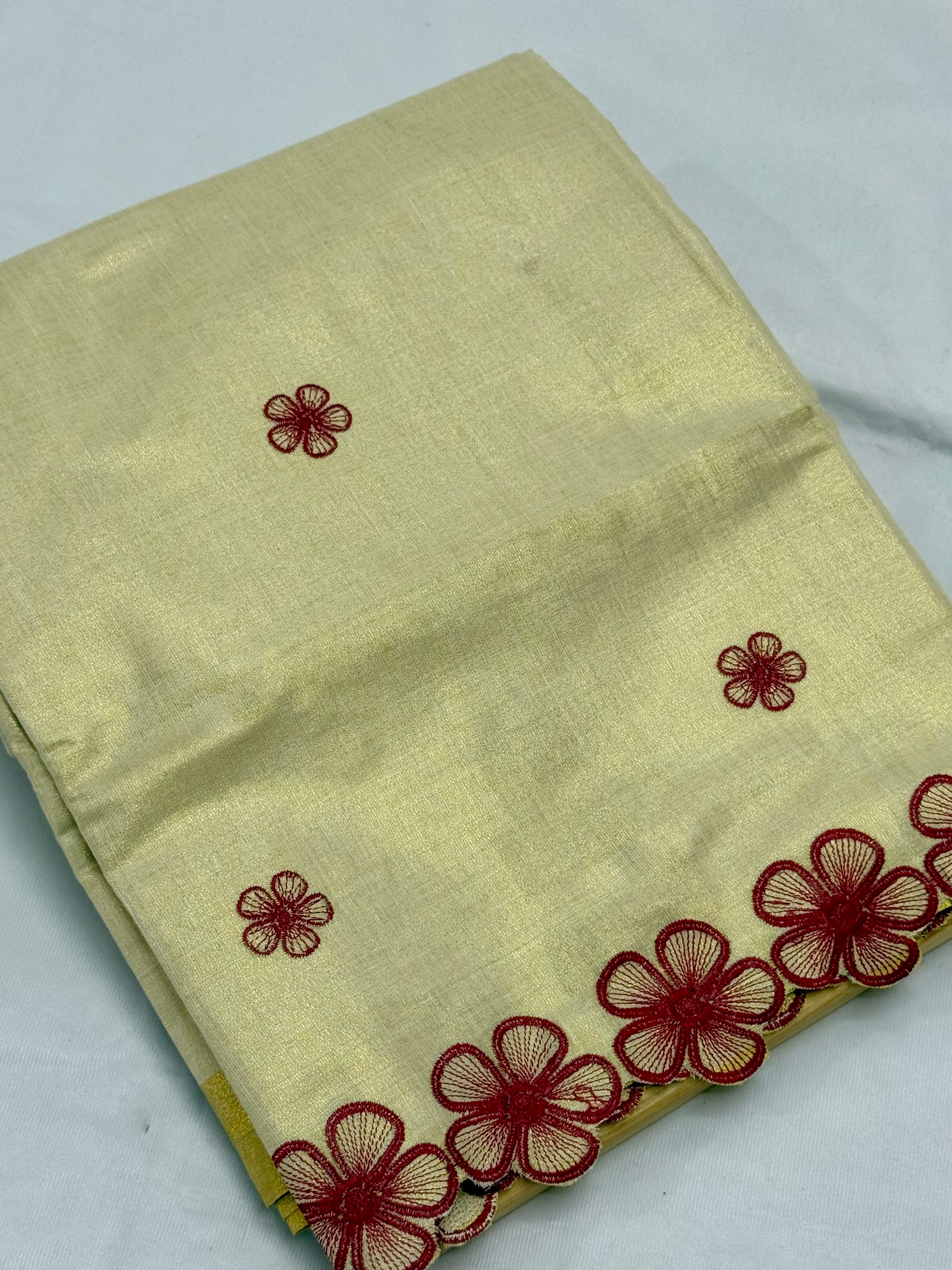 EMBROIDERED LACE WORK KASAVU TISSUE SAREE - (MAROON,CREAM,GOLD)