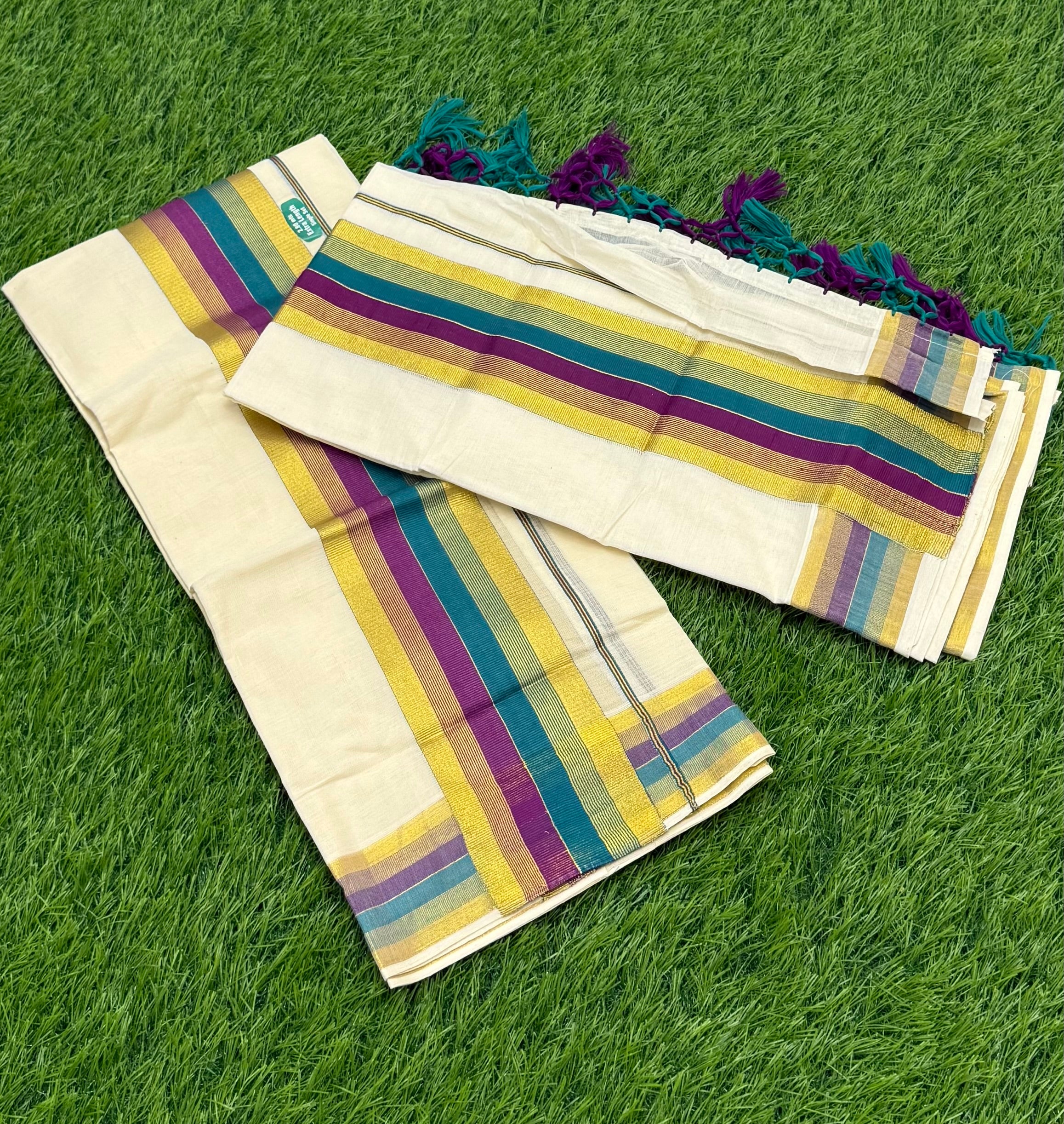 KASAVU COTTON STRIPE PATTERN SINGLE SET MUNDU (MUNDUM NERIYATHUM) - 2 X 2.80 MTRS - (OFF WHITE)
