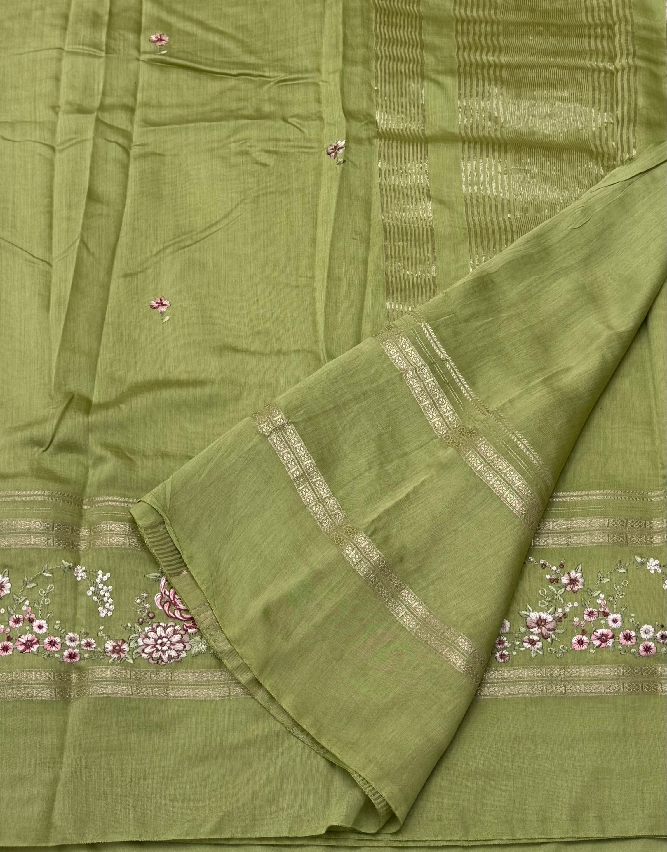 PREMIUM MUL COTTON EMBROIDERY SAREE  - TEA GREEN