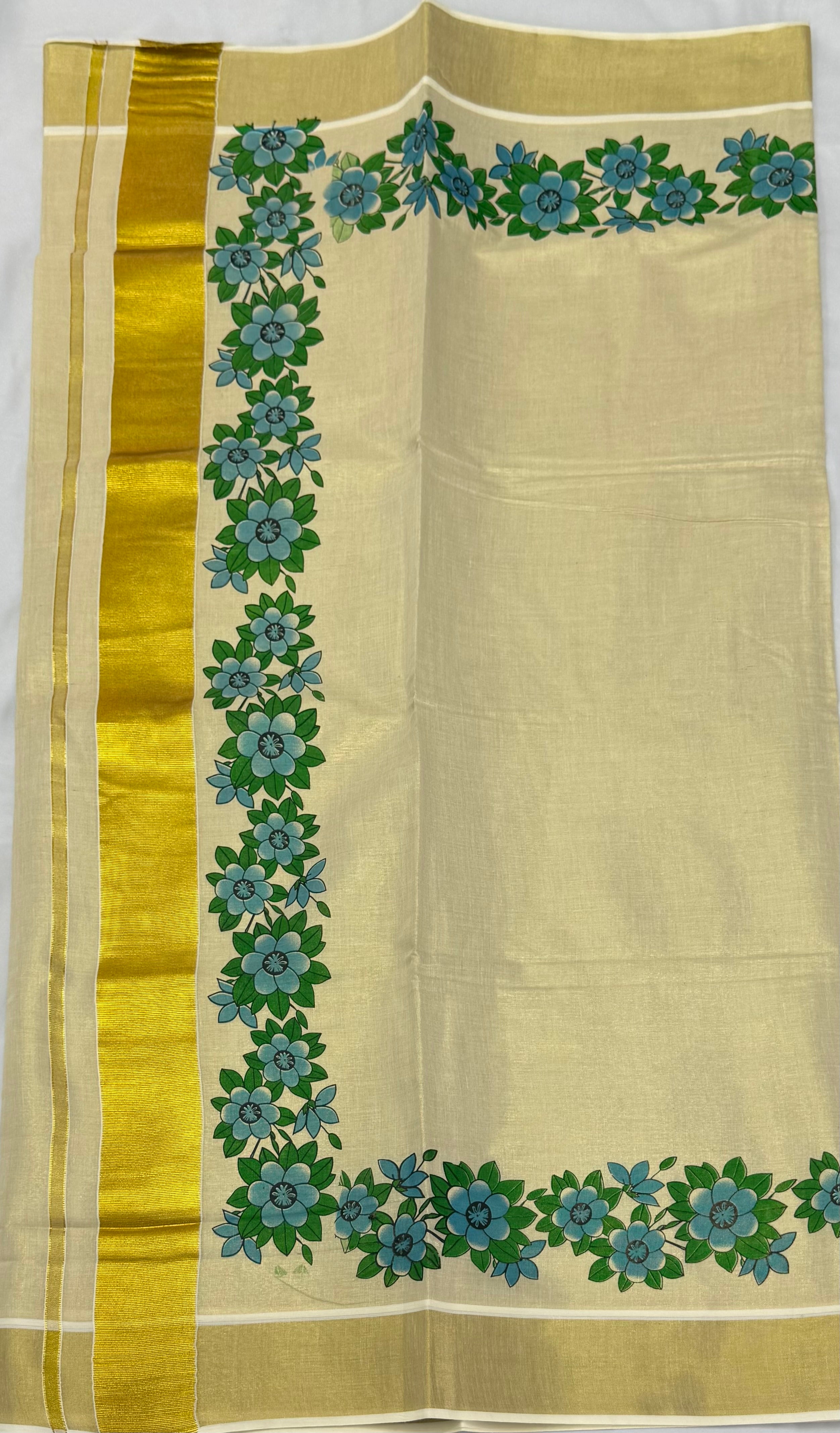 MURAL ART KASAVU TISSUE KERALA SAREE (GOLD,CREAM)