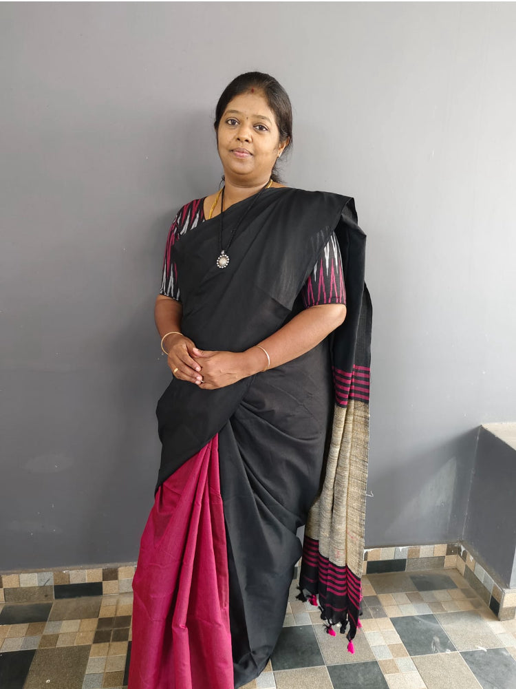 PLAIN KHADI SAREE IN HALF AND HALF CONCEPT - BLACK & PINK