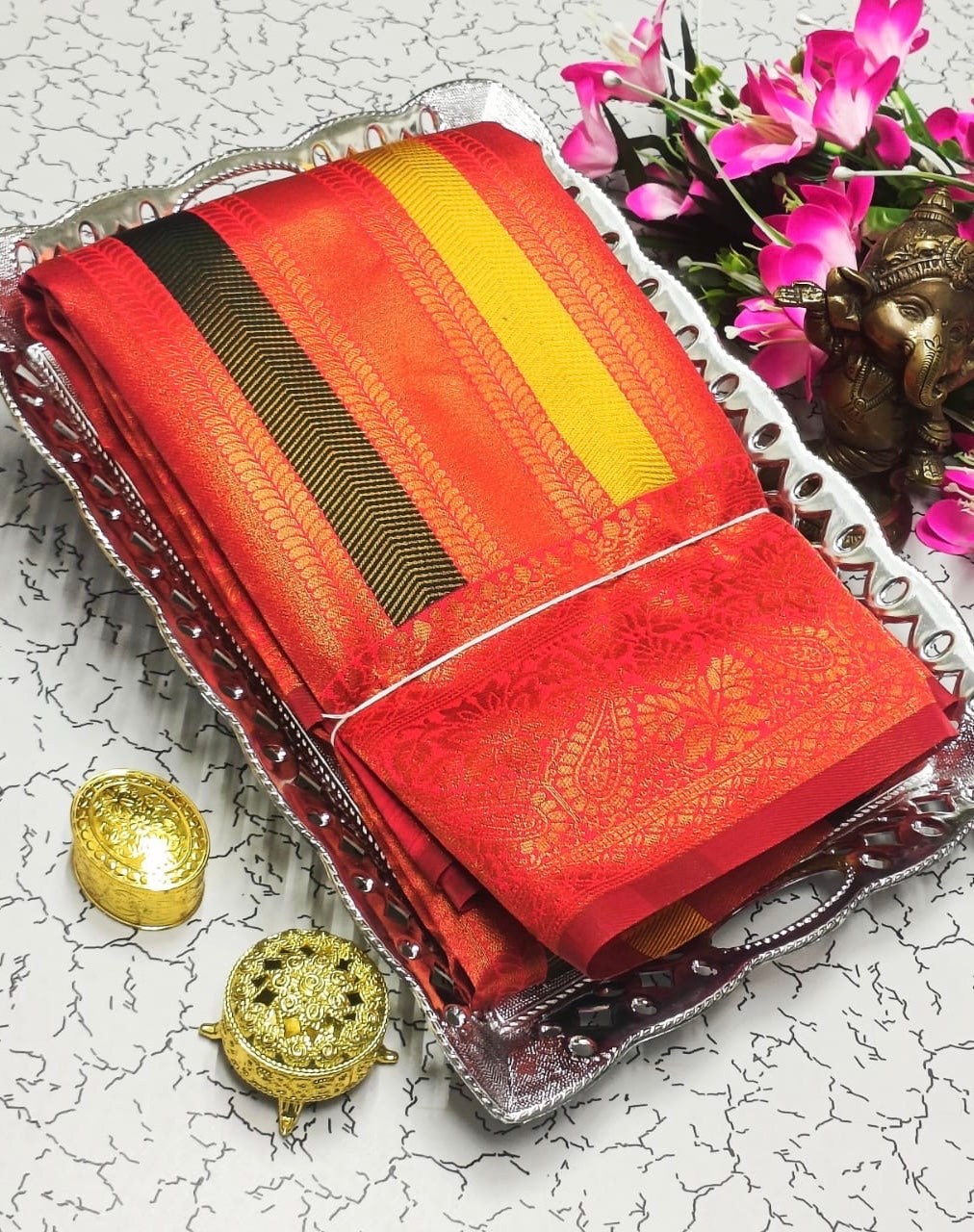 SEMI KANCHI SILK SAREE WITH MULTICOLOUR STRIPS