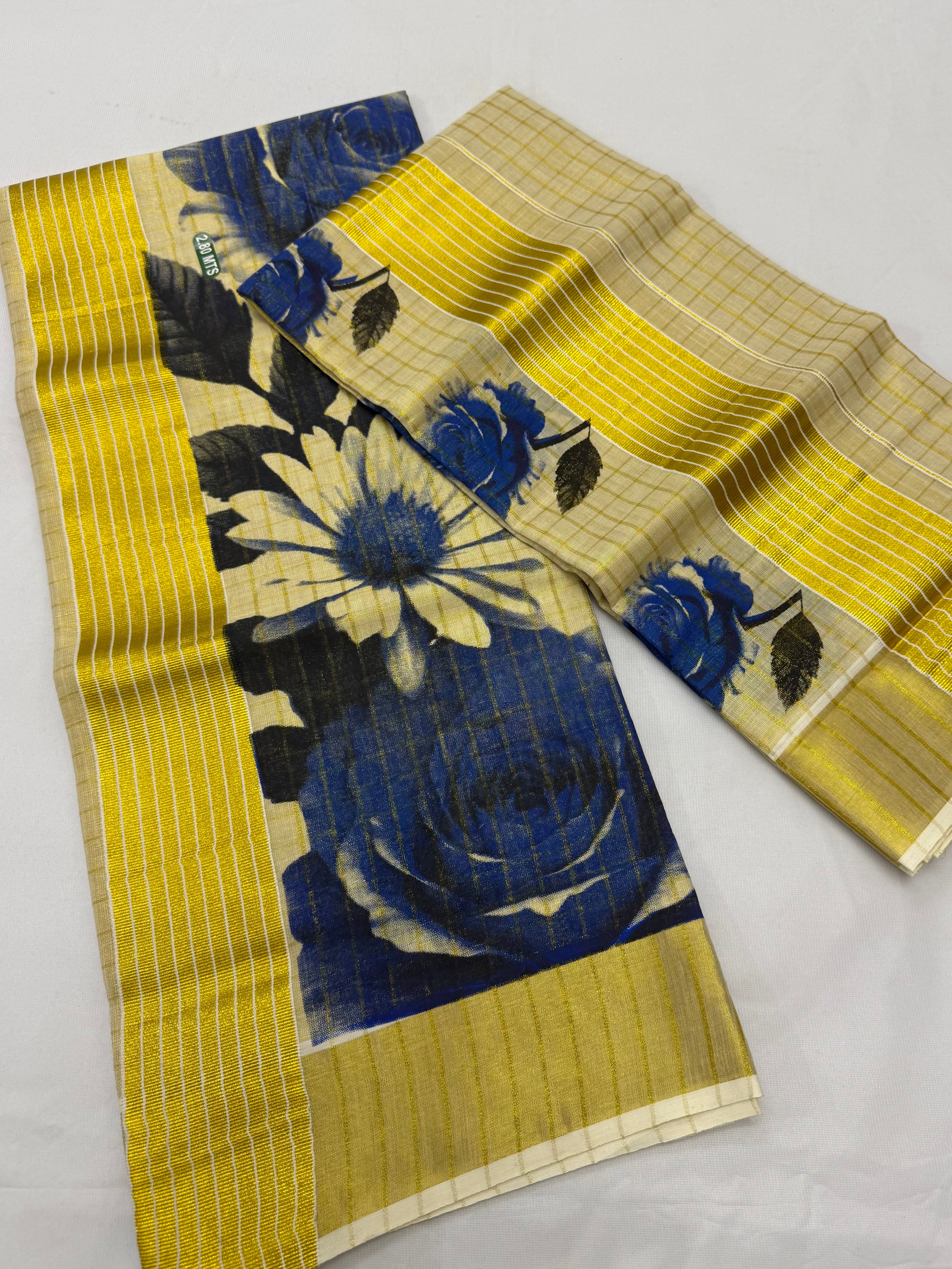 FLORAL TISSUE SINGLE SET MUNDU (MUNDUM NERIYATHUM) - 2 X 2.80 MTRS - (CREAM,GOLD)