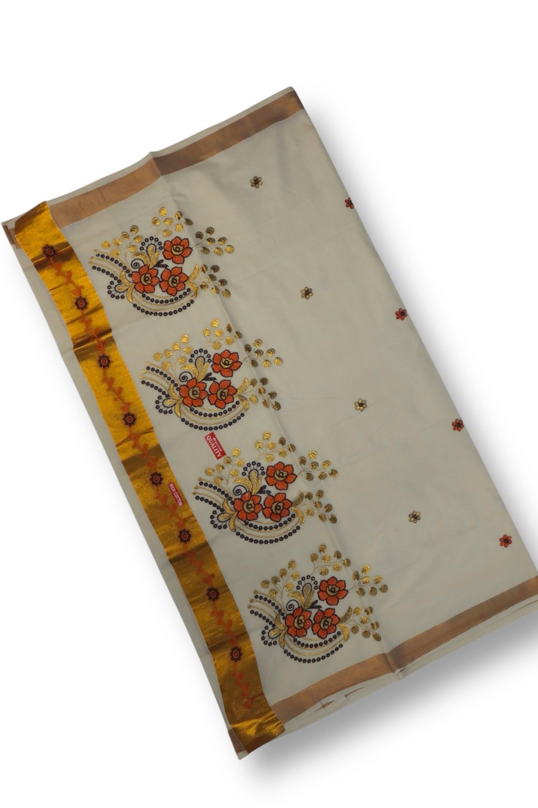 KASAVU COTTON FLORAL EMBROIDERY SAREE (BEIGE,GOLD)