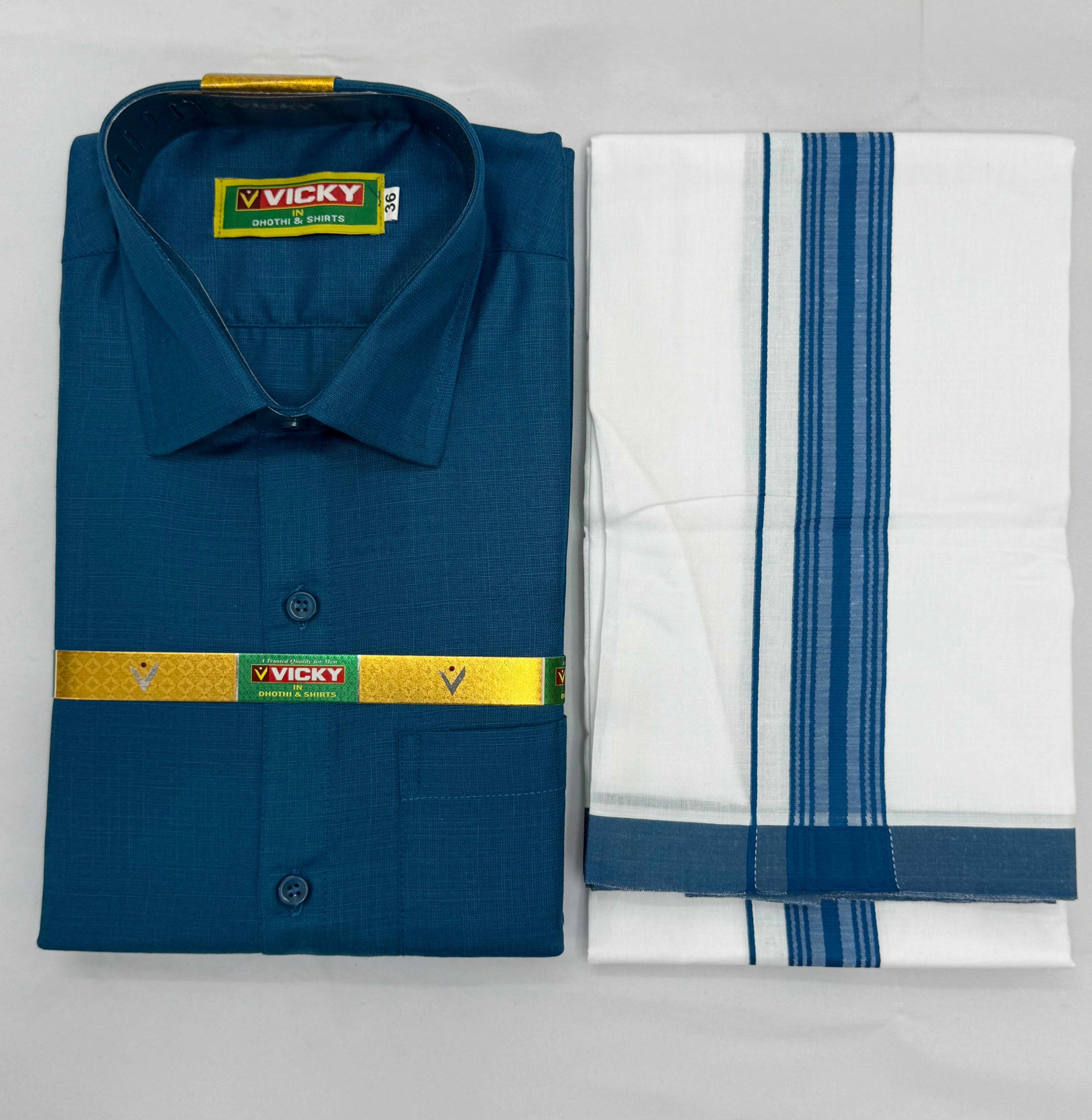 MEN'S MATCHING FANCY BORDER SINGLE DHOTI & SHIRT SET - TEAL BLUE