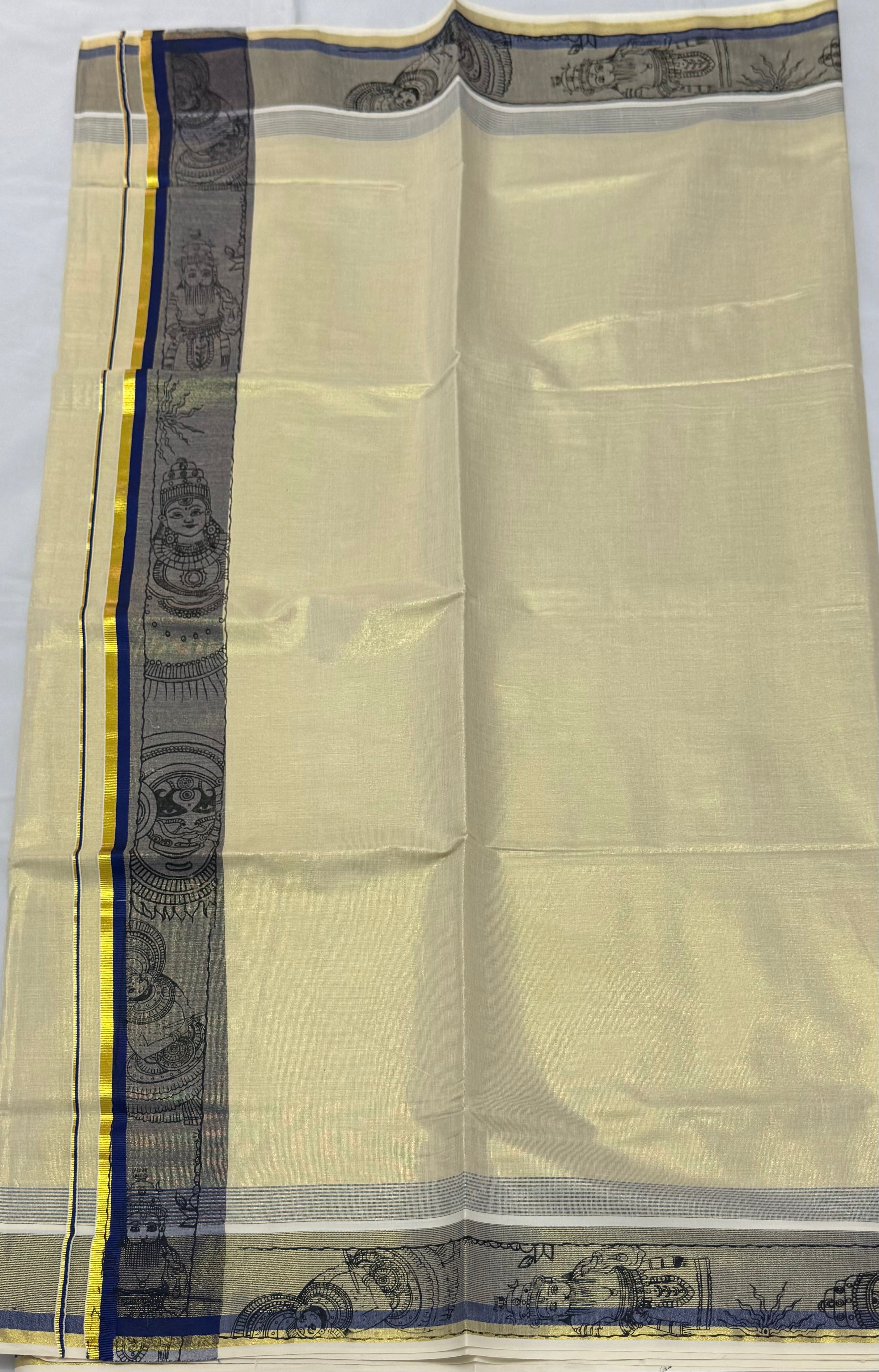 TRADITIONAL ART KASAVU TISSUE KERALA SAREE (GOLD,CREAM,BLUE)