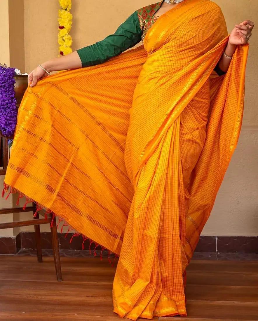 PREMIUM CHECKED COTTON SAREE - TURMERIC YELLOW