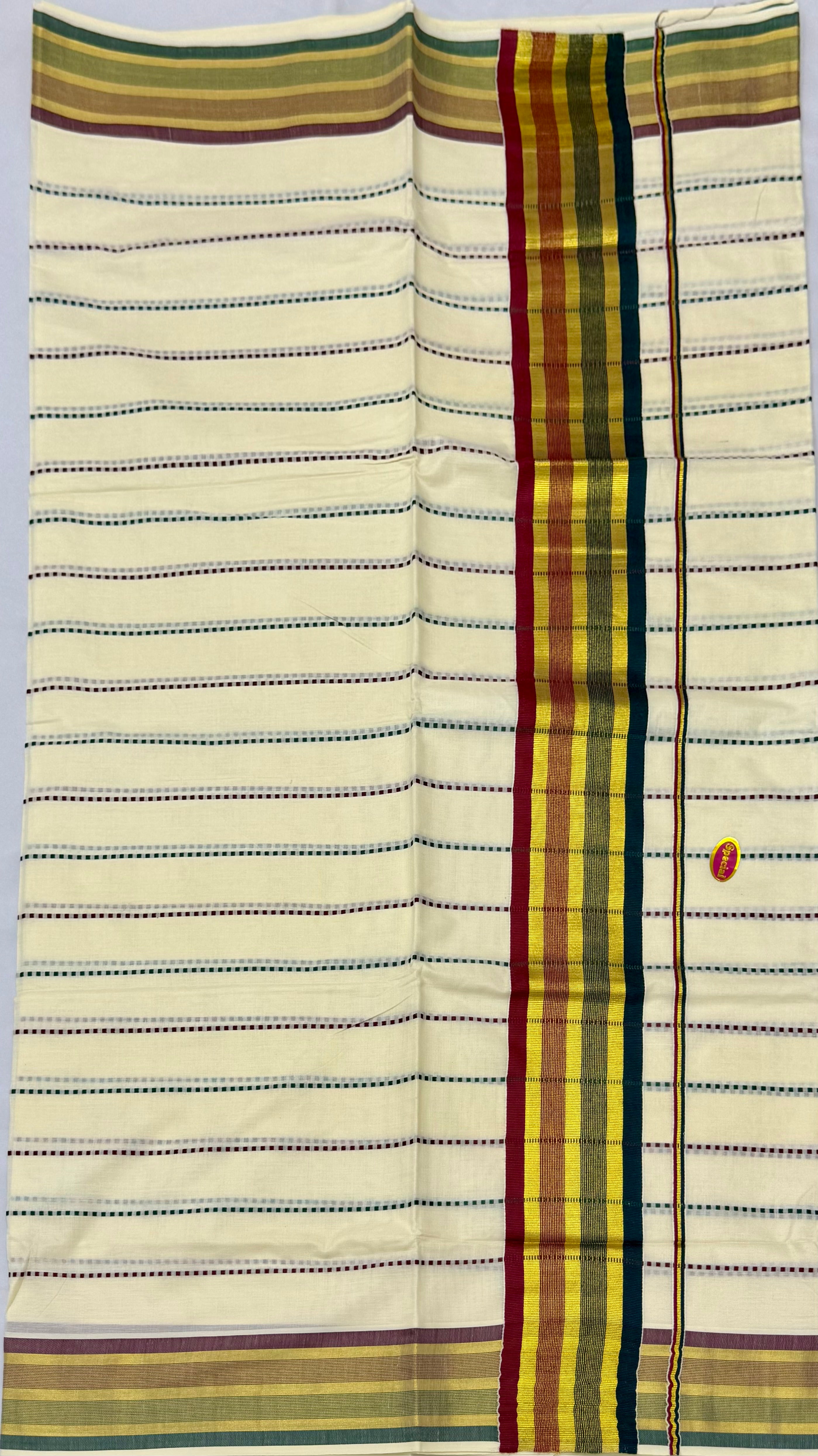 MULTICOLOUR DOTTED STRIPES KASAVU COTTTON SAREE