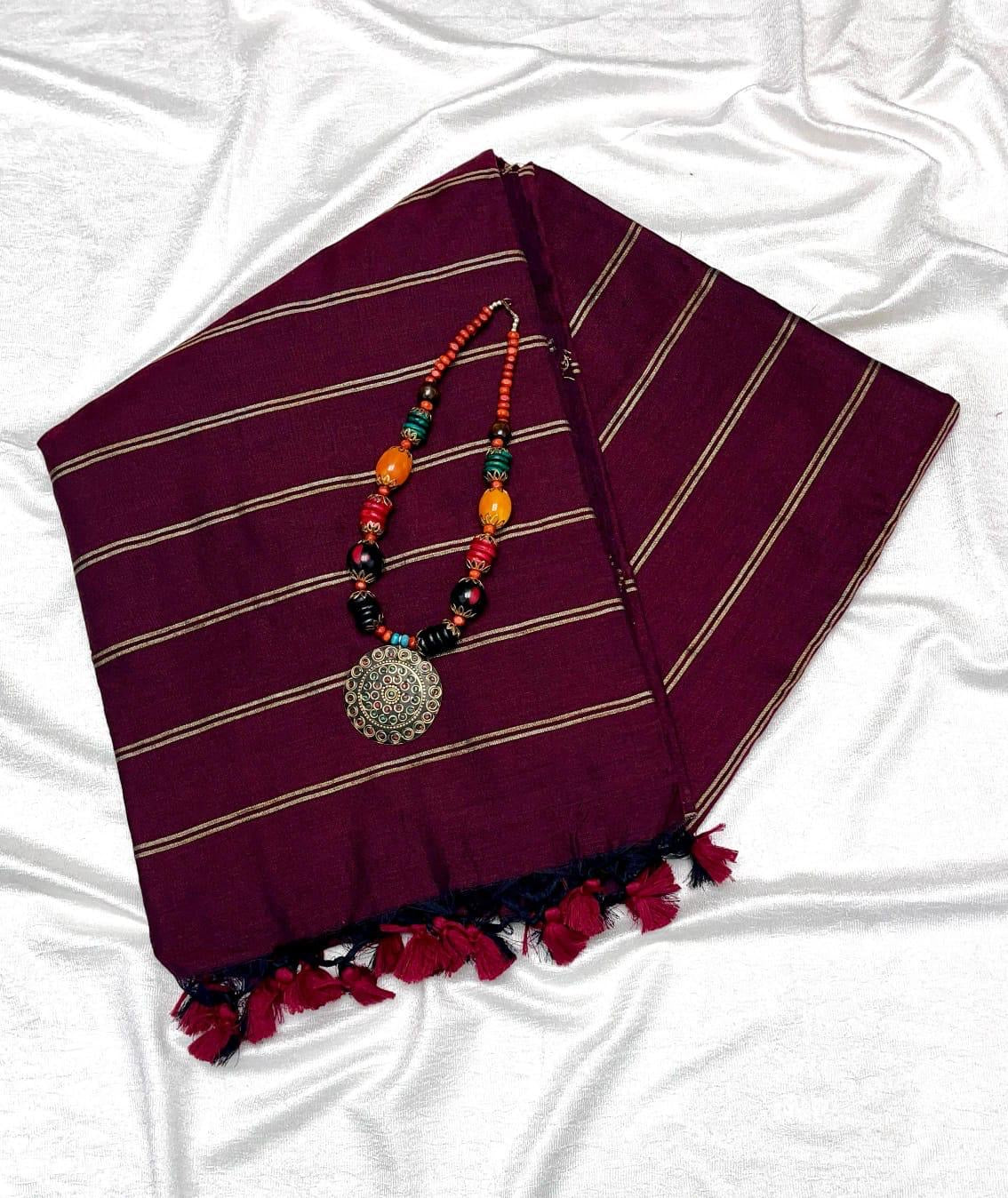 PREMIUM DUAL STRIPE KHADI COTTON SAREES - MAROON
