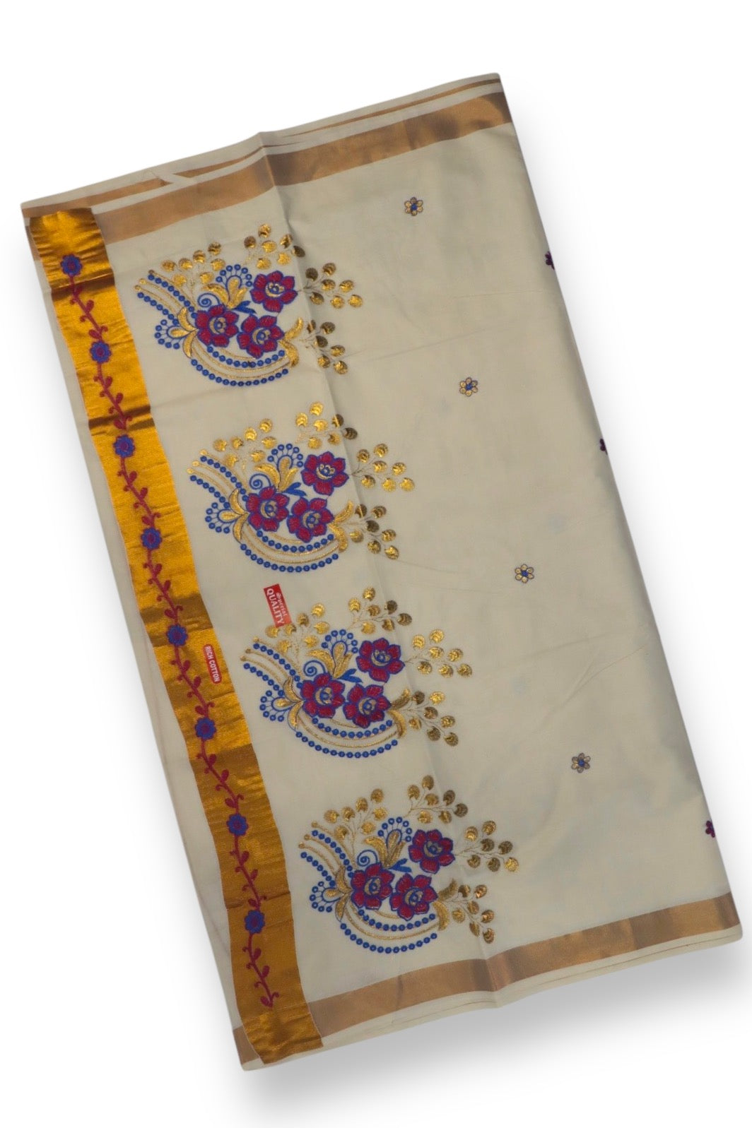 KASAVU COTTON FLORAL EMBROIDERY SAREE (BEIGE,GOLD)