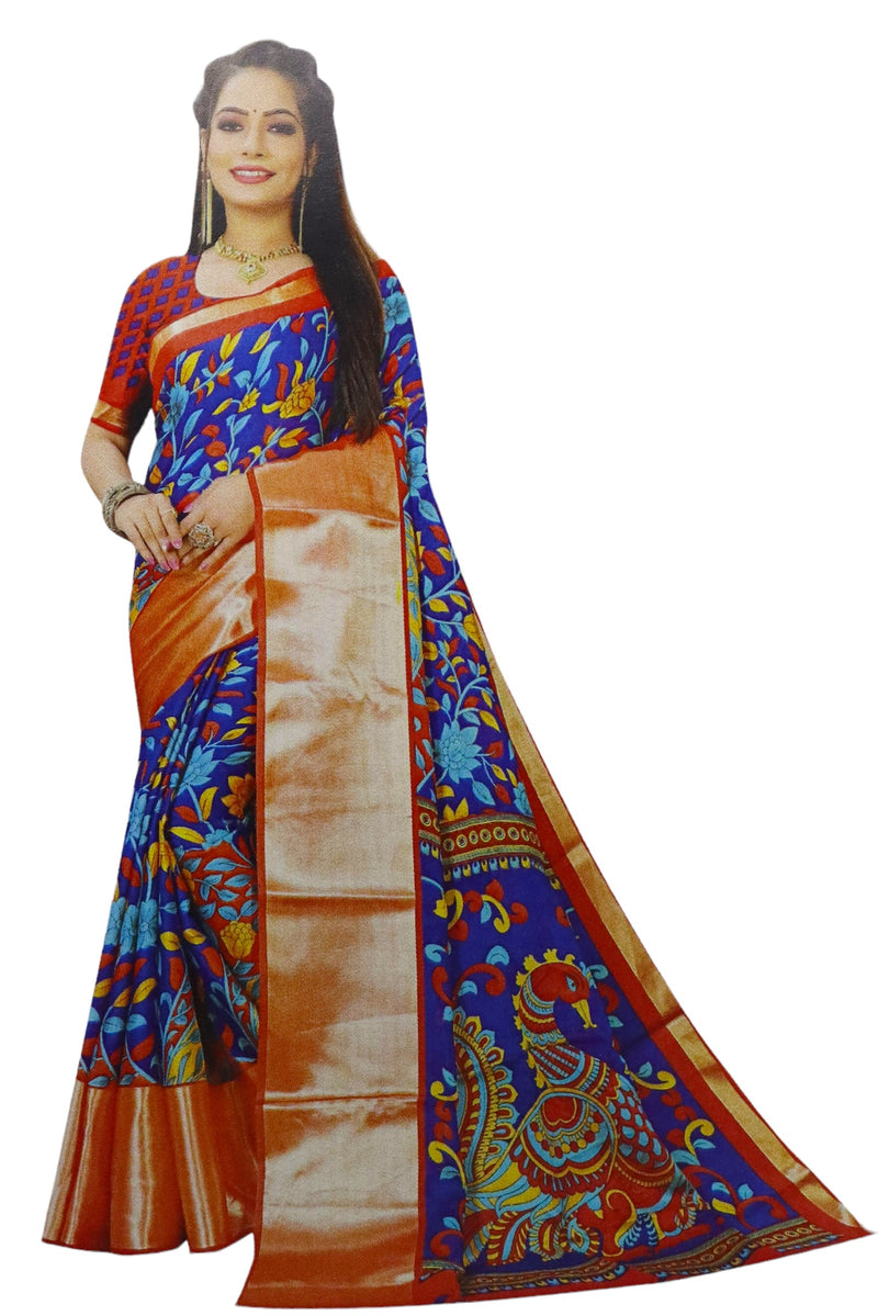 ROYAL BLUE KALAMKARI PRINTED KORA SILK SAREE