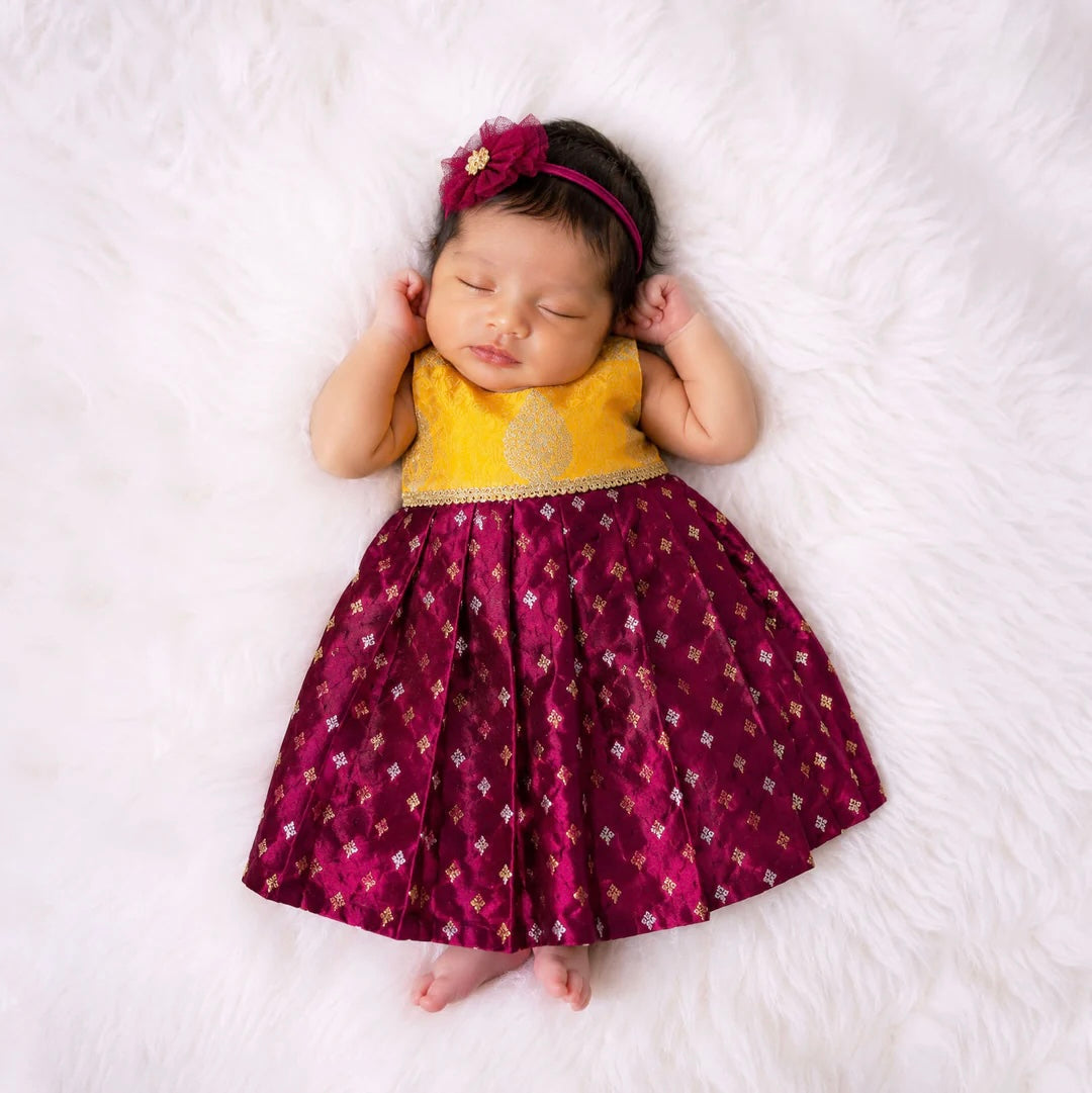 YELLOW BURGUNDY NEW BORN FROCK