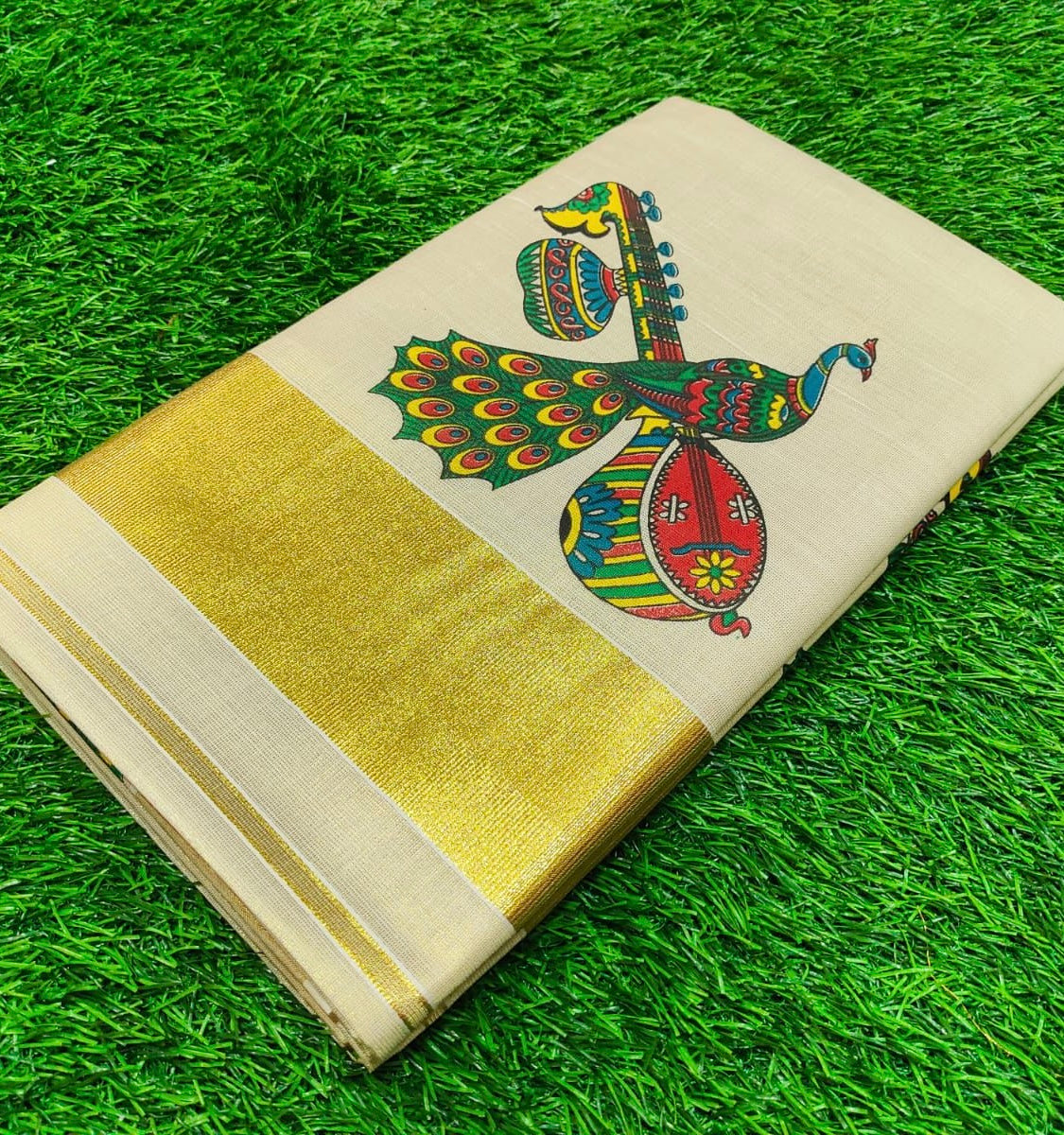 MURAL PAINTED/PRINTED KASAVU TISSUE SAREE (GOLD)