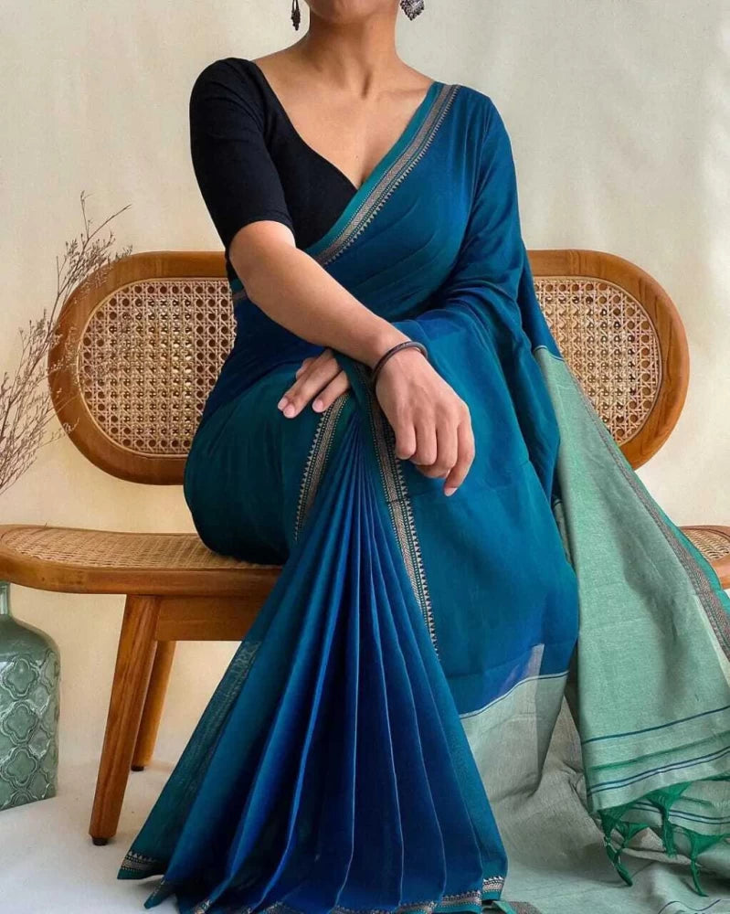 TRNDING SMALL BORDER KHADI COTTON SAREE - TEAL