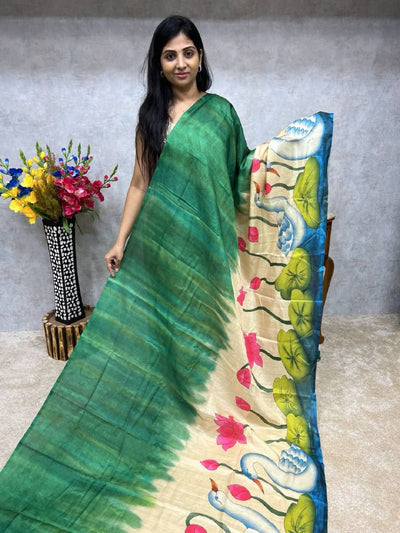 TUSSAR SILK SAREE WITH PRINTED BLOUSE - GREEN AND SANDAL